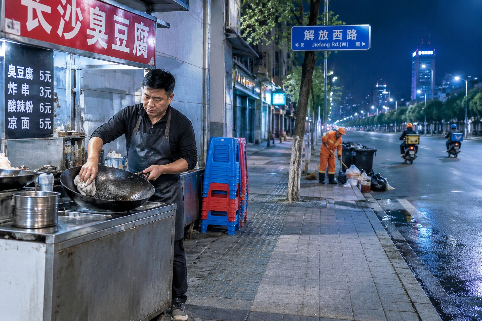 Street food vendor closing his cart at 2 a.m. in Changsha with stacked stools and a street cleaner nearby