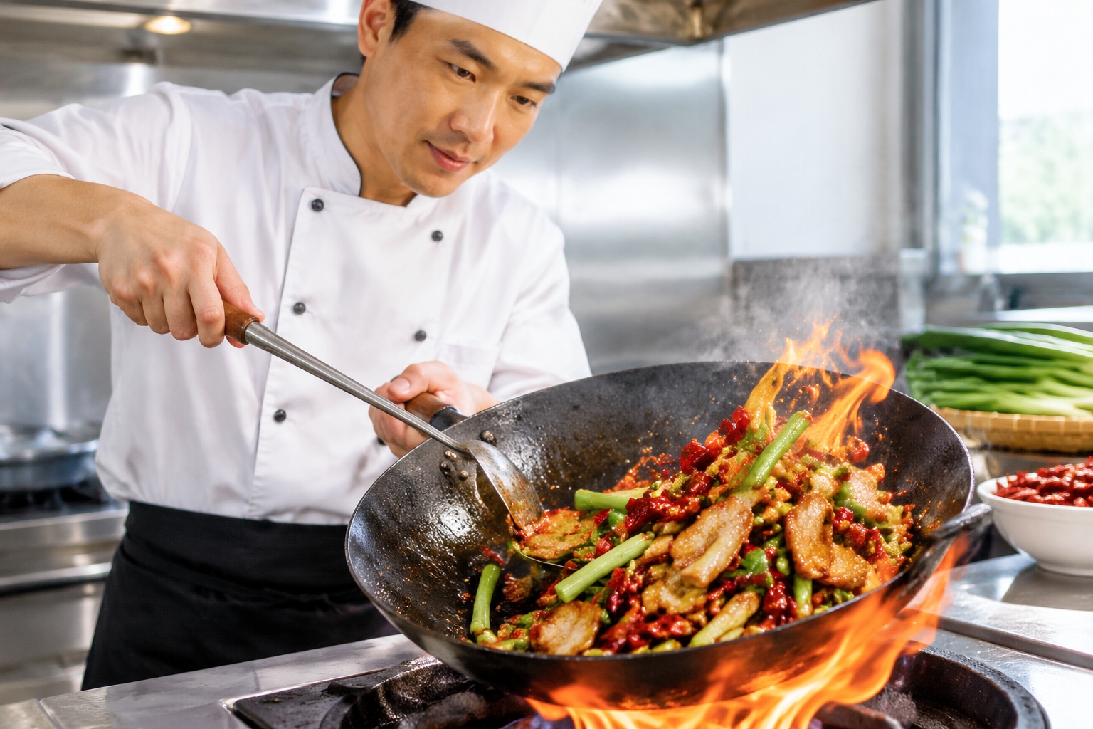 Hunan stir-fry in a carbon steel wok with smoked chilies and garlic sprouts