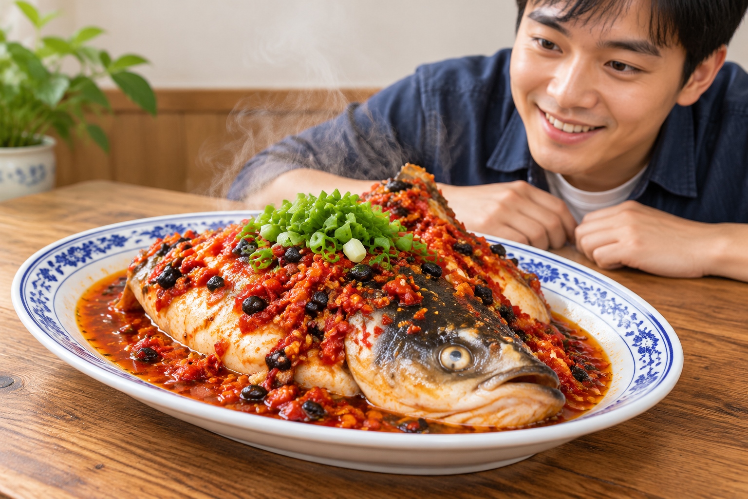 Steamed fish head with fermented chopped chilies and black beans, a classic Hunan dish
