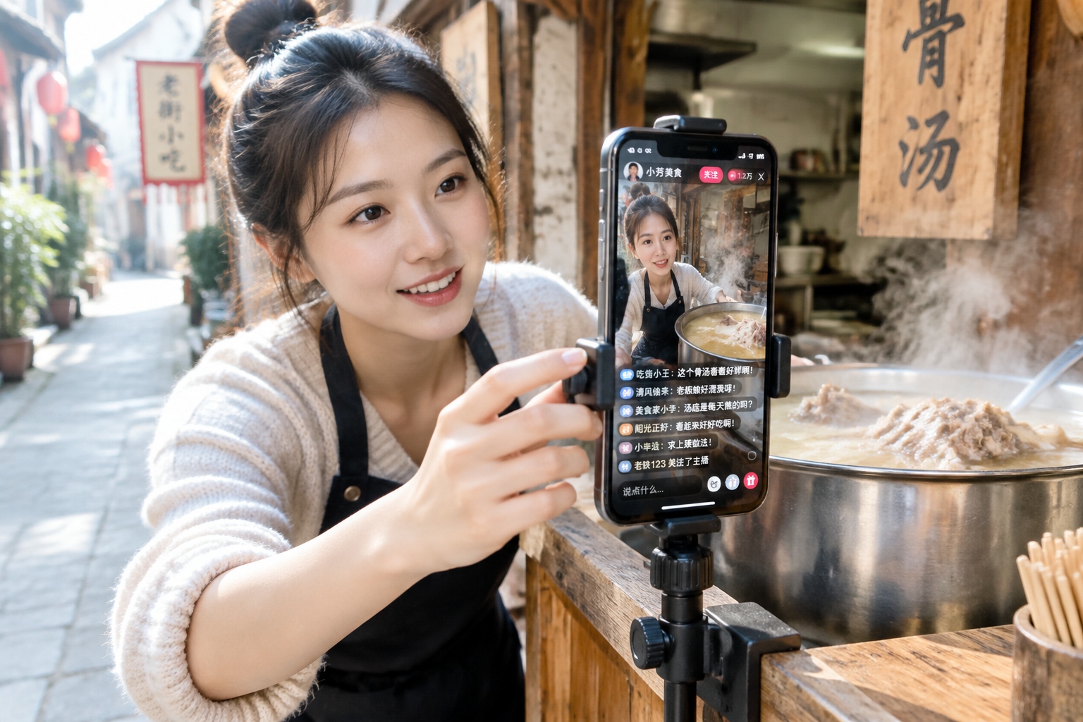 Smartphone on a tripod live streaming a Hunan noodle shop in a Changsha alley, with steaming broth in the background