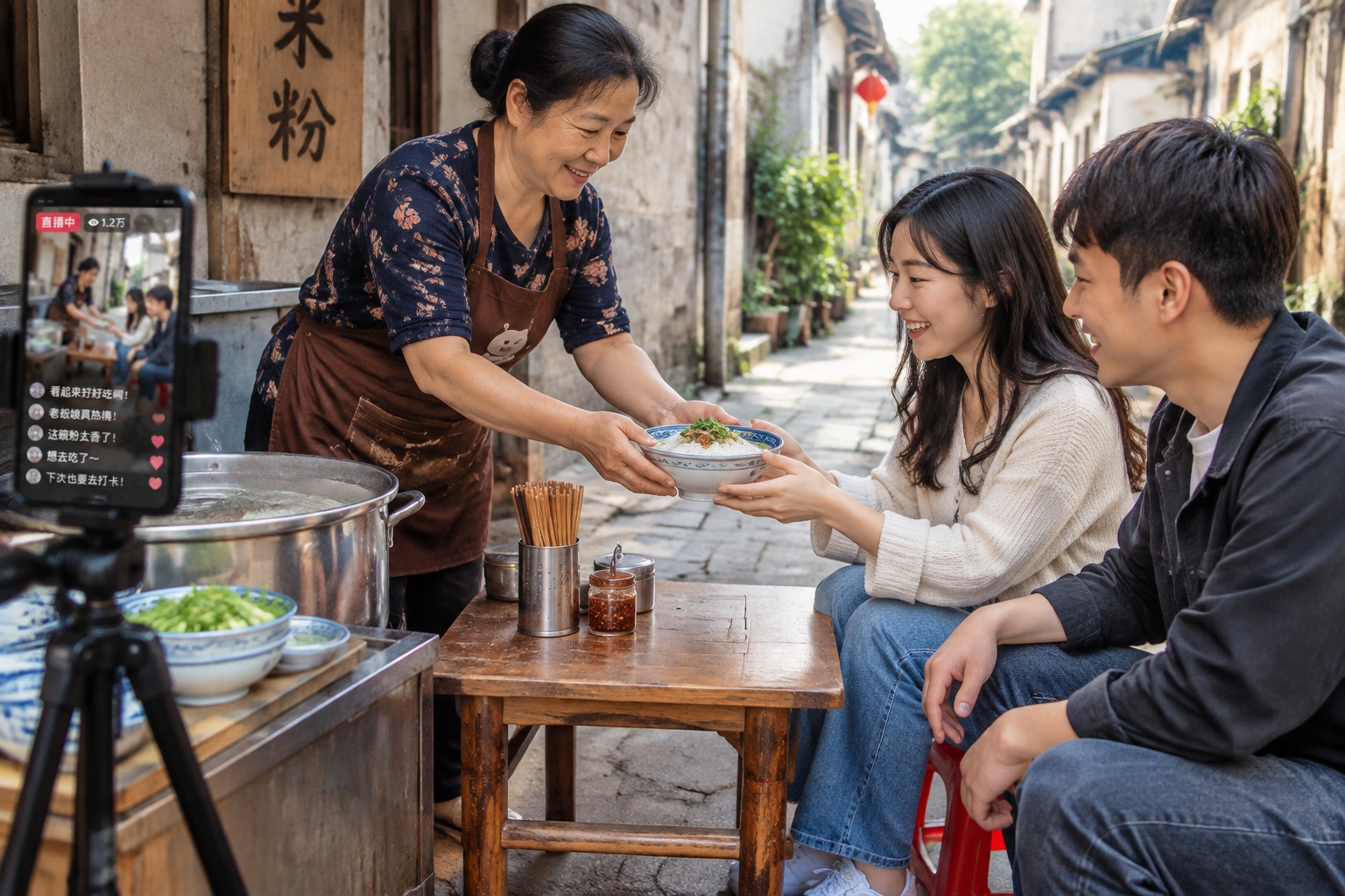 Hunan noodle shop owner serving a bowl of rice noodles to a young couple in an old Changsha alley
