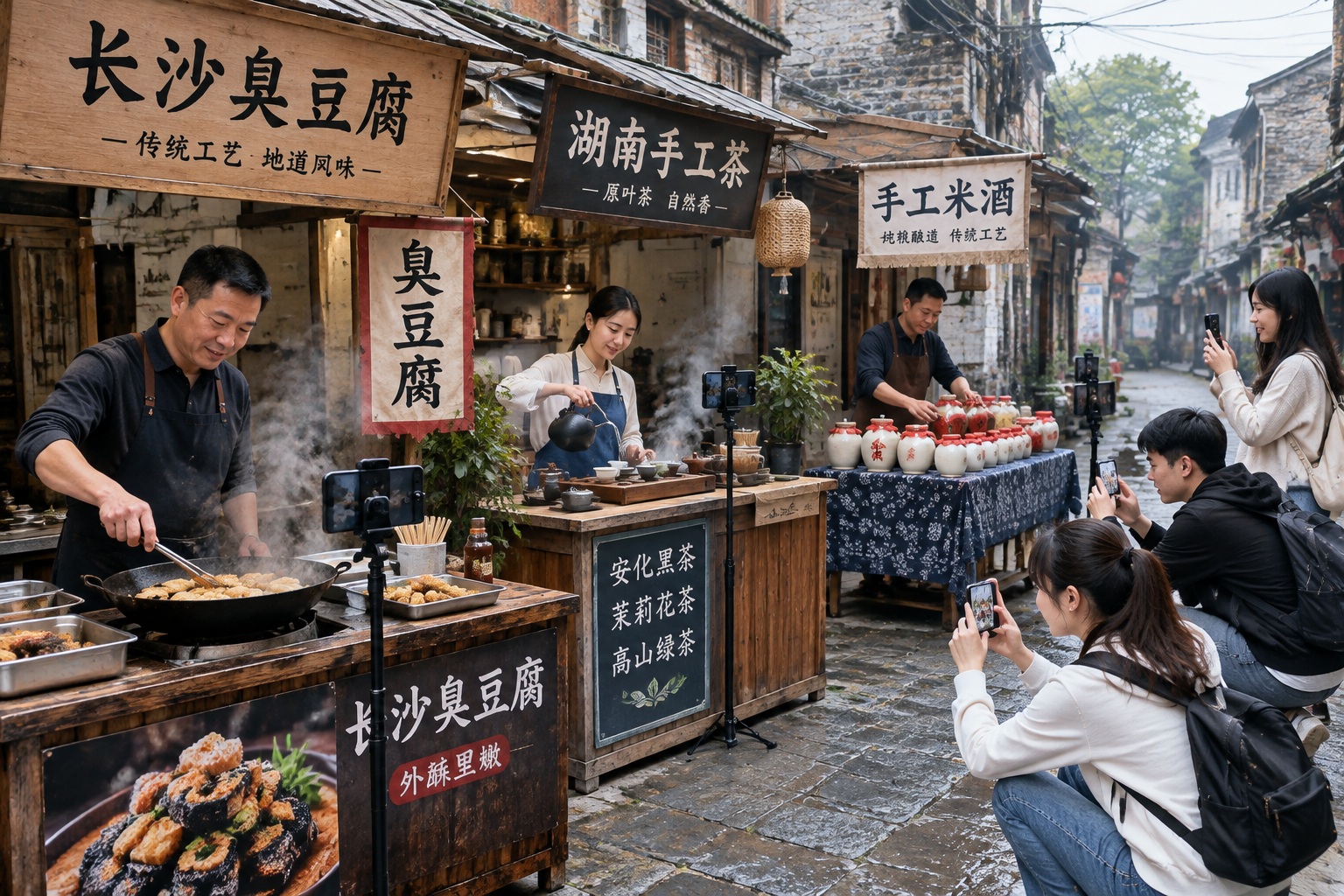 Multiple small shop owners live streaming in an old Changsha alley, including stinky tofu and tea vendors