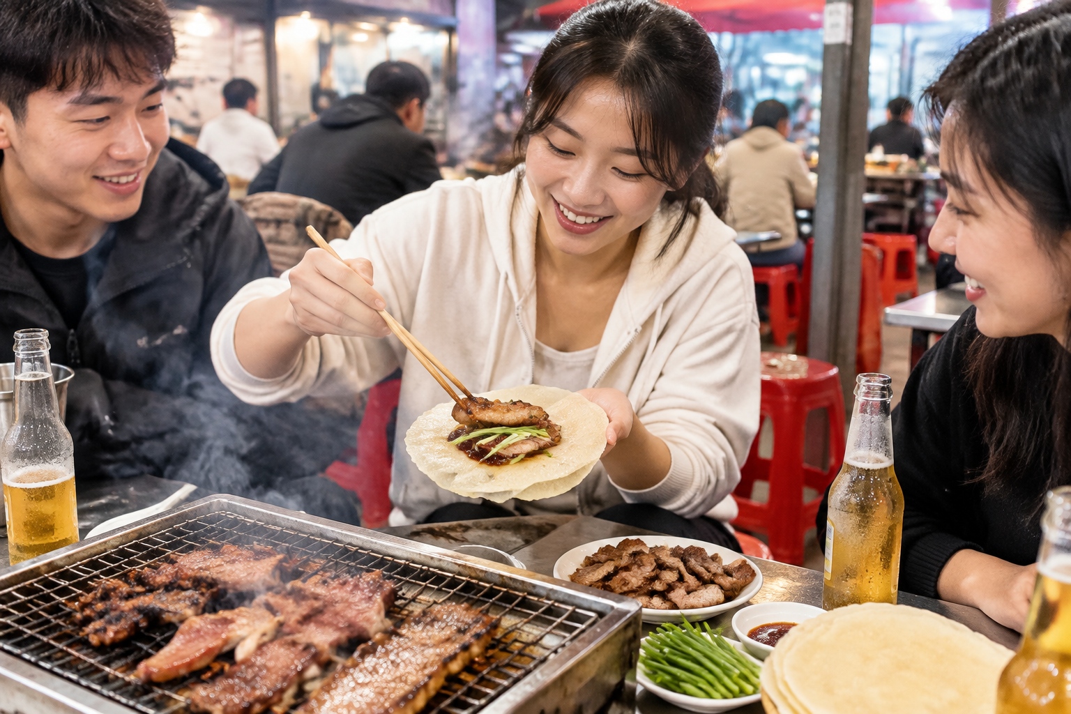Diners at a Zibo barbecue stall assemble grilled meat, scallions, and sauce in thin pancakes over a small table grill.