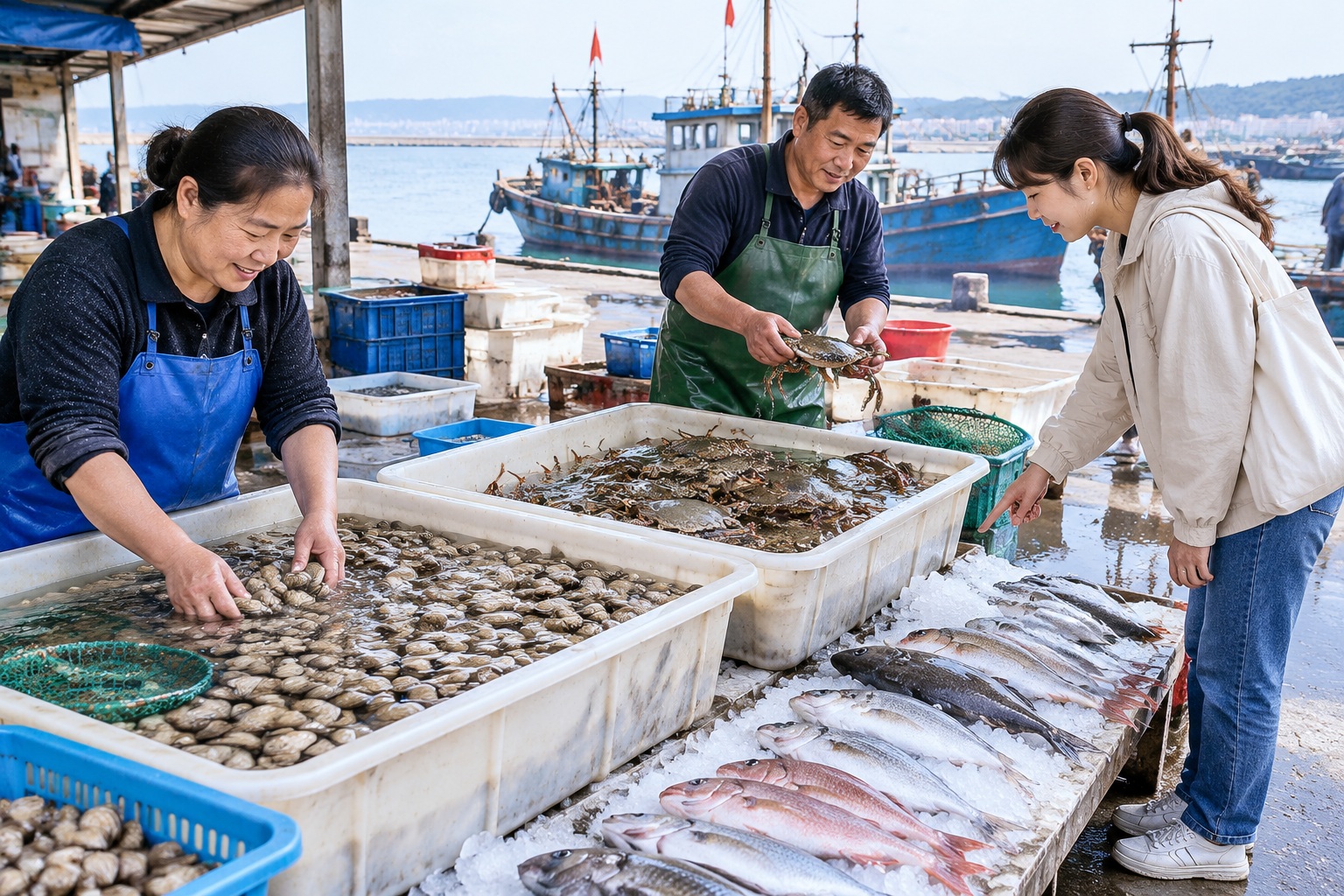 A morning seafood market in Yantai, Shandong, with vendors arranging live shellfish and a customer selecting fish.