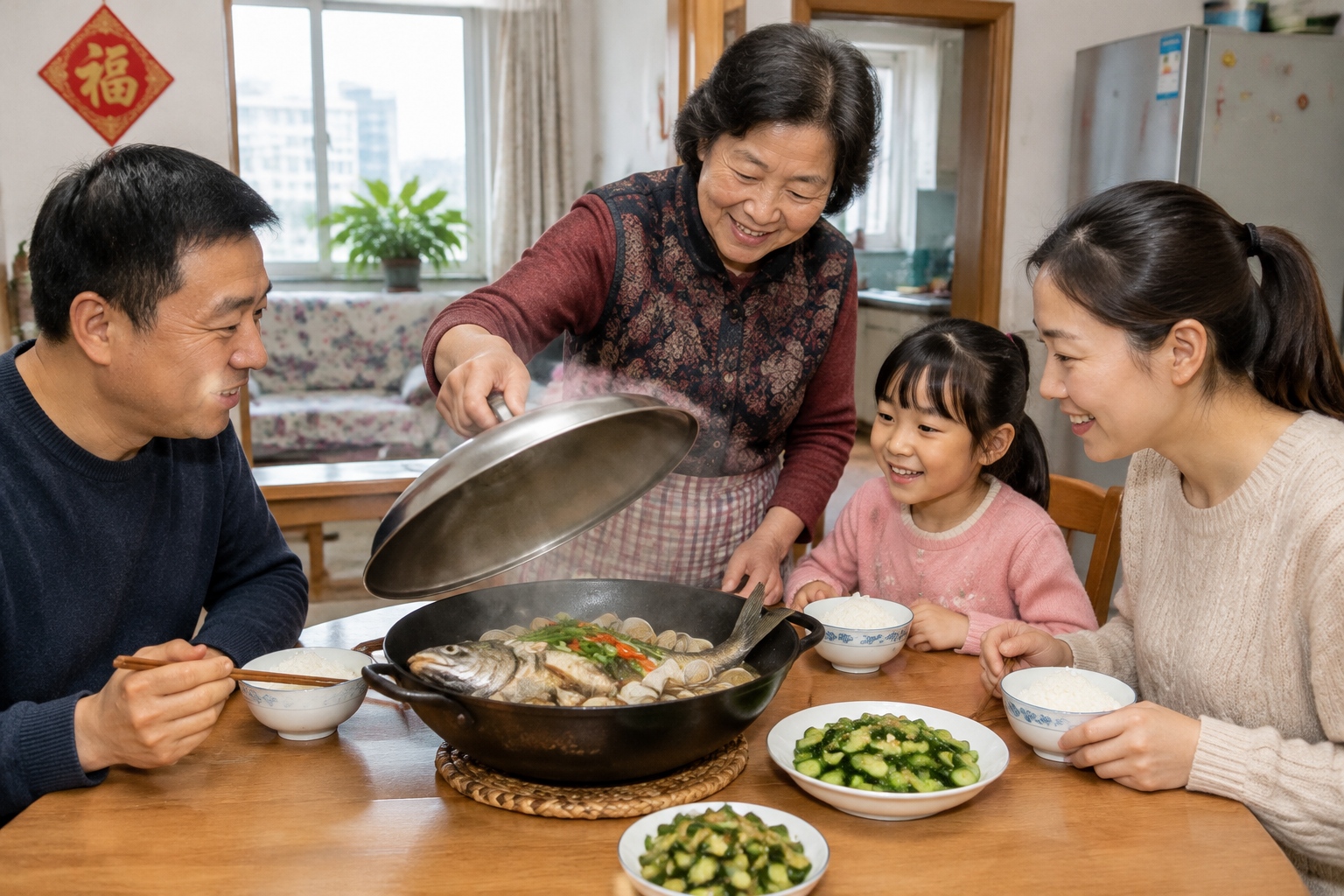 A Shandong family shares steamed fish and shellfish at an ordinary home dining table as an older relative serves the meal.
