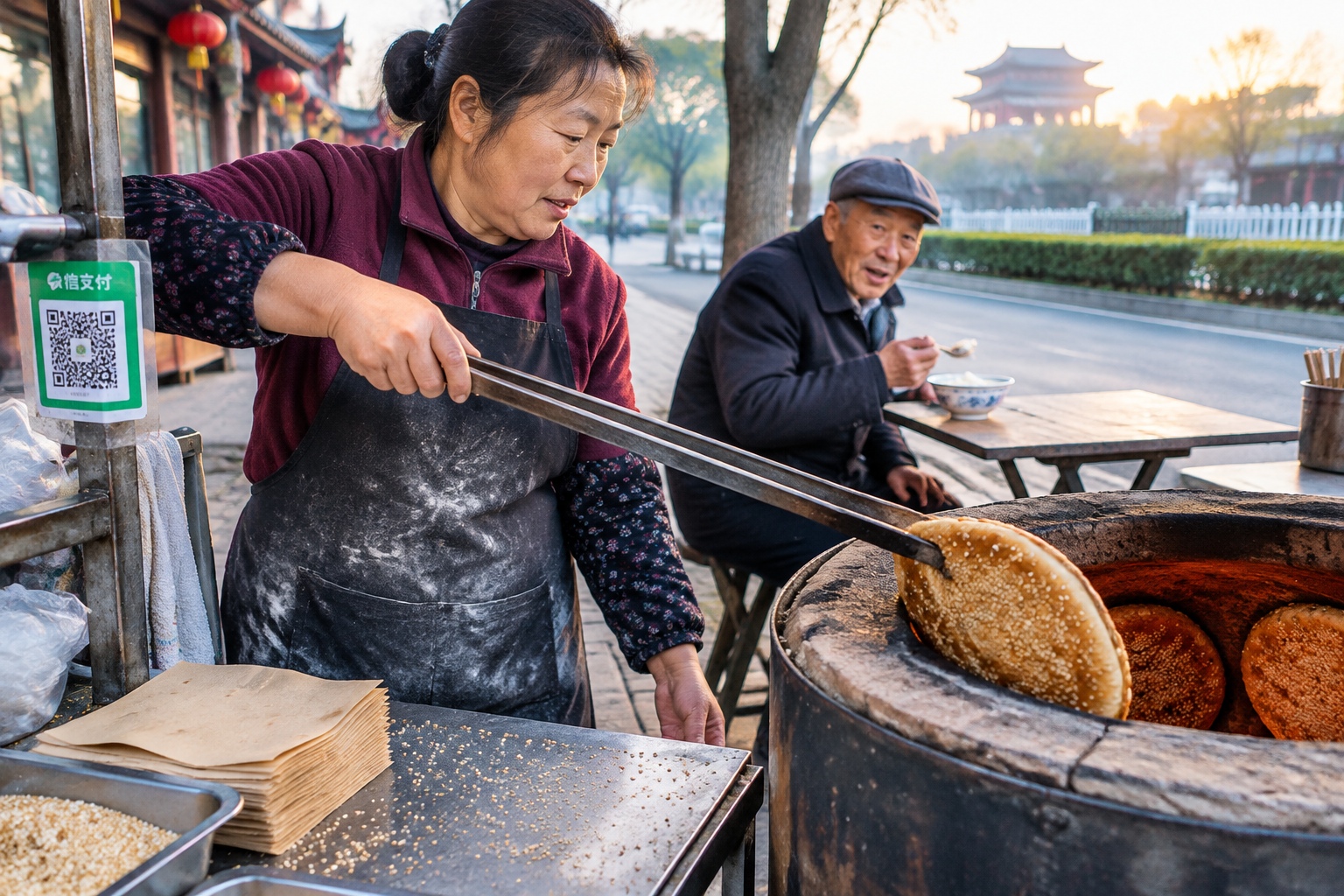 A vendor lifting a sesame flatbread from a street oven in Weifang while an older man eats tofu pudding beside the cart at dawn