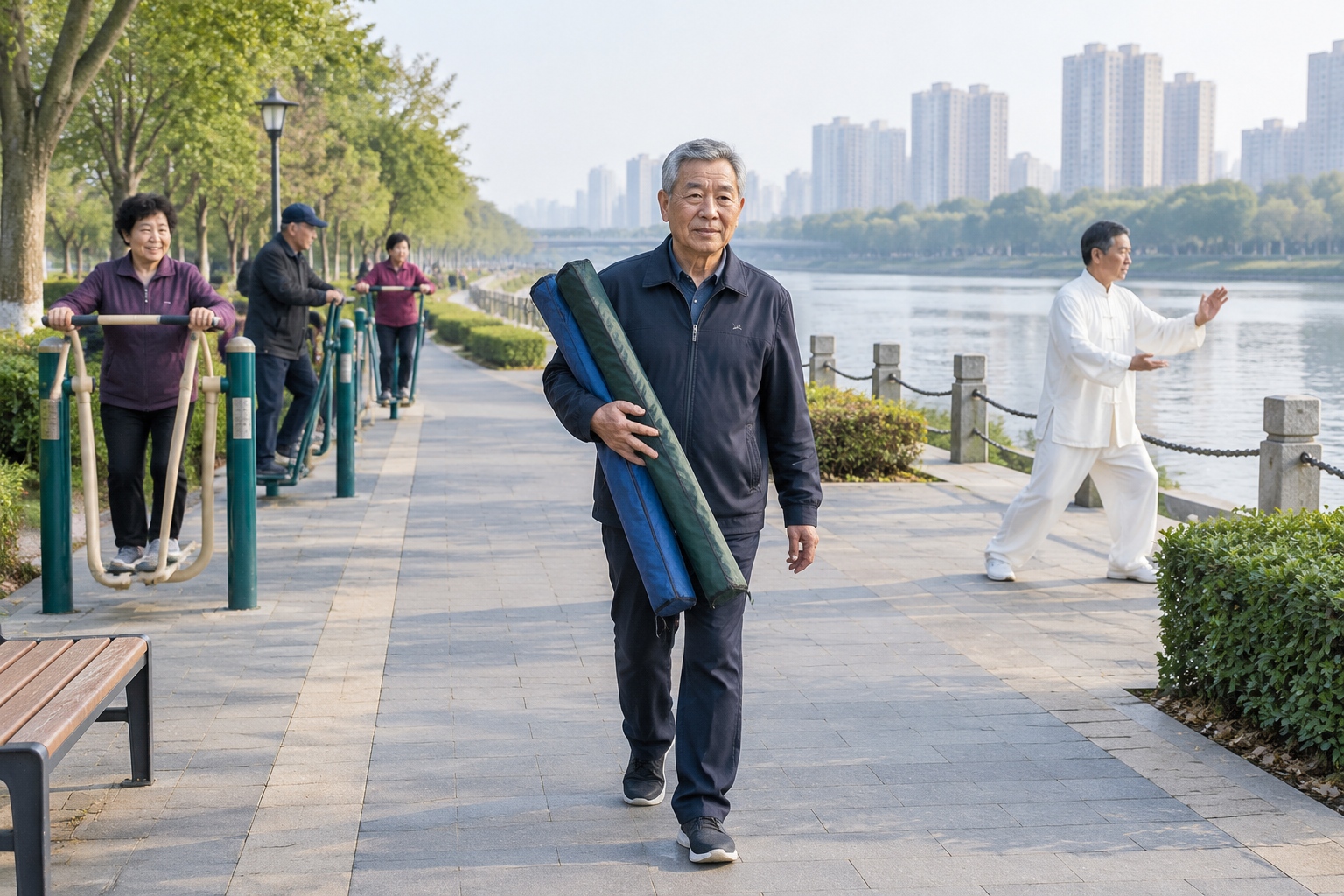 A retiree carrying kite bags walks along a riverside park greenway in Weifang past older people using outdoor exercise equipment