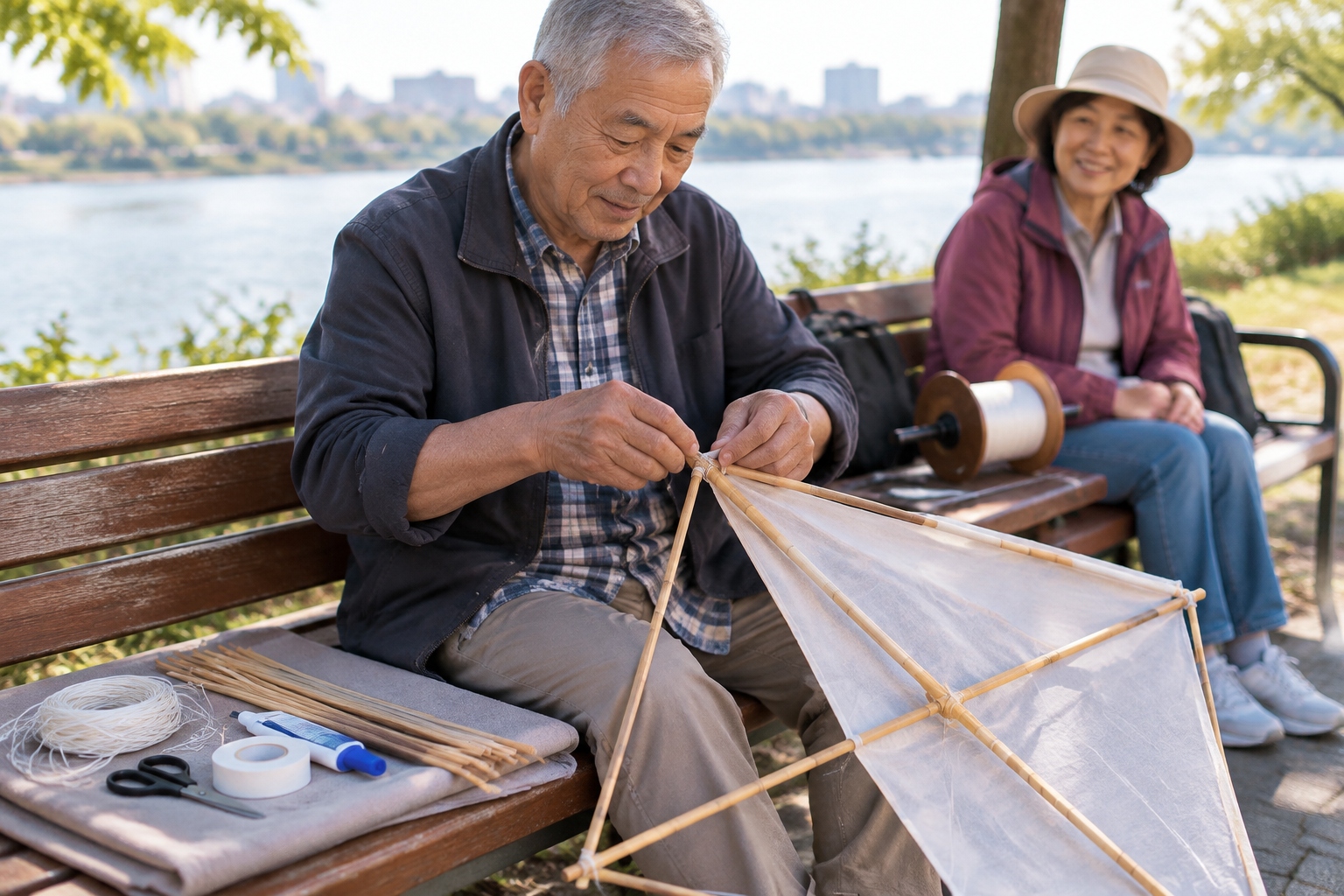 An older man's hands sanding and gluing bamboo splints to repair a kite frame on a bench by the river in Weifang