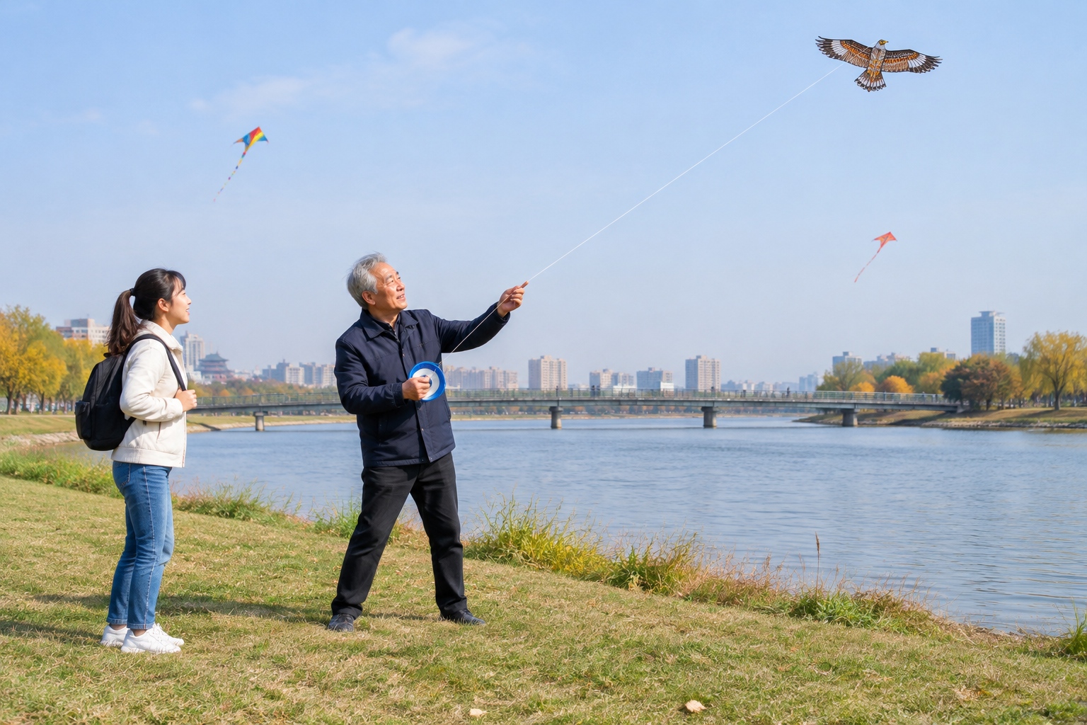 A retiree flying a small eagle-shaped kite on a riverbank in Weifang while a young visitor stands nearby listening to him explain
