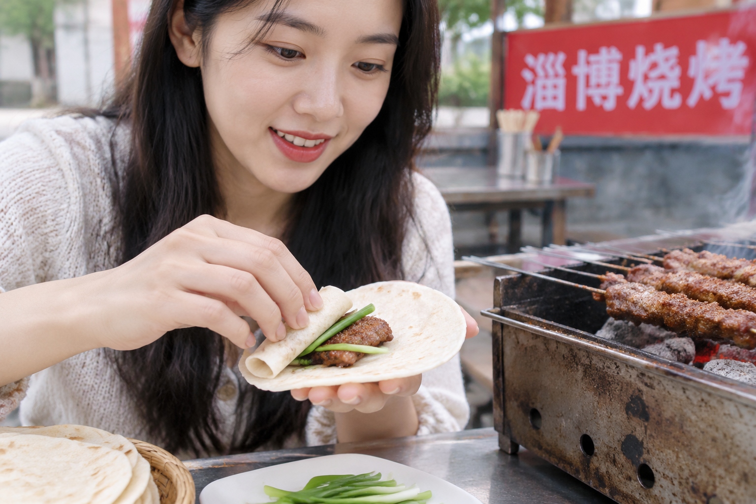 Small Flatbreads and Green Onions: How a Small Town in Zibo Captured Global Attention 22 Hands rolling a flatbread with grilled meat and green onion at a Zibo barbecue stall