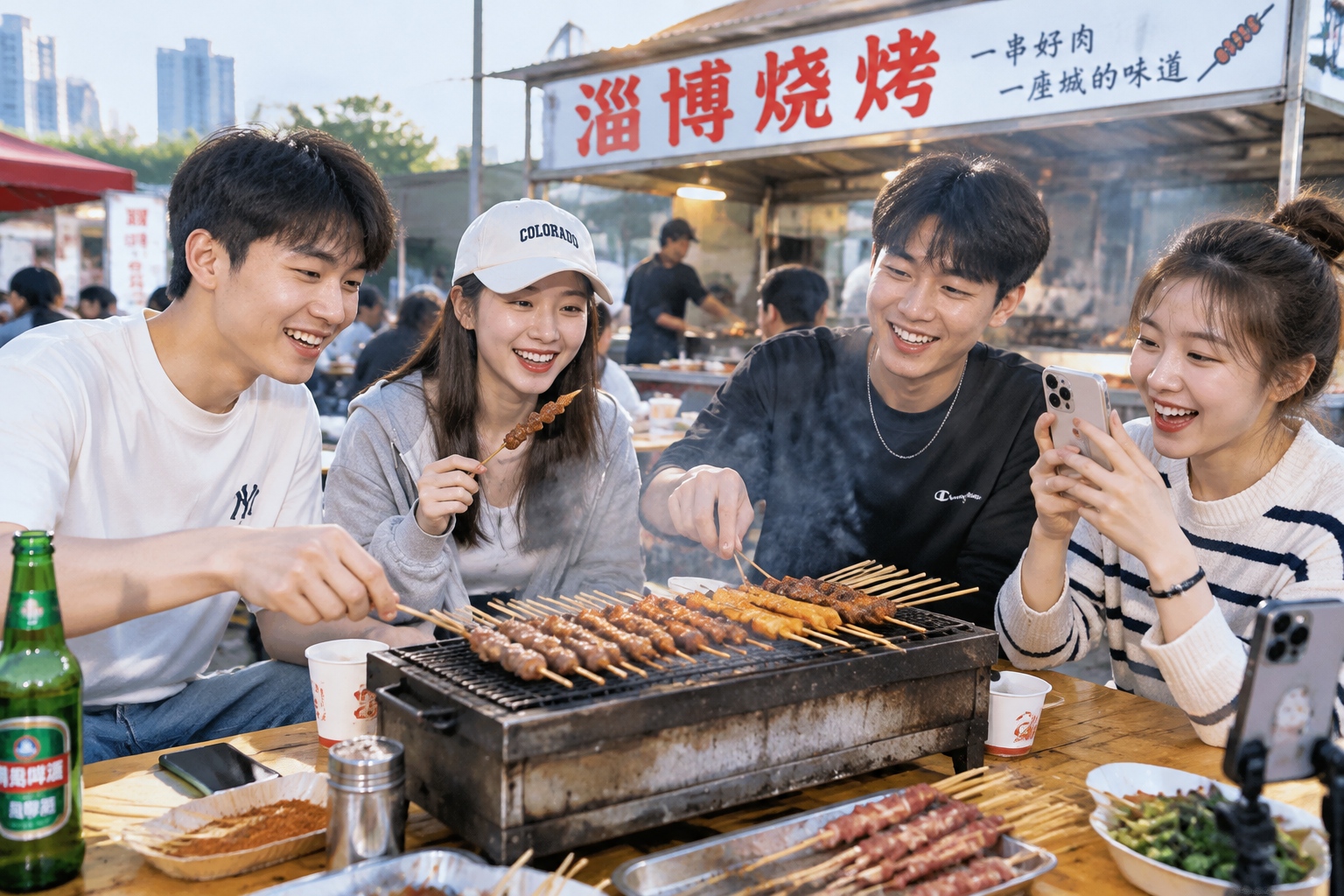 Small Flatbreads and Green Onions: How a Small Town in Zibo Captured Global Attention 23 College students grilling skewers and laughing at a Zibo barbecue stall, with phones on the table