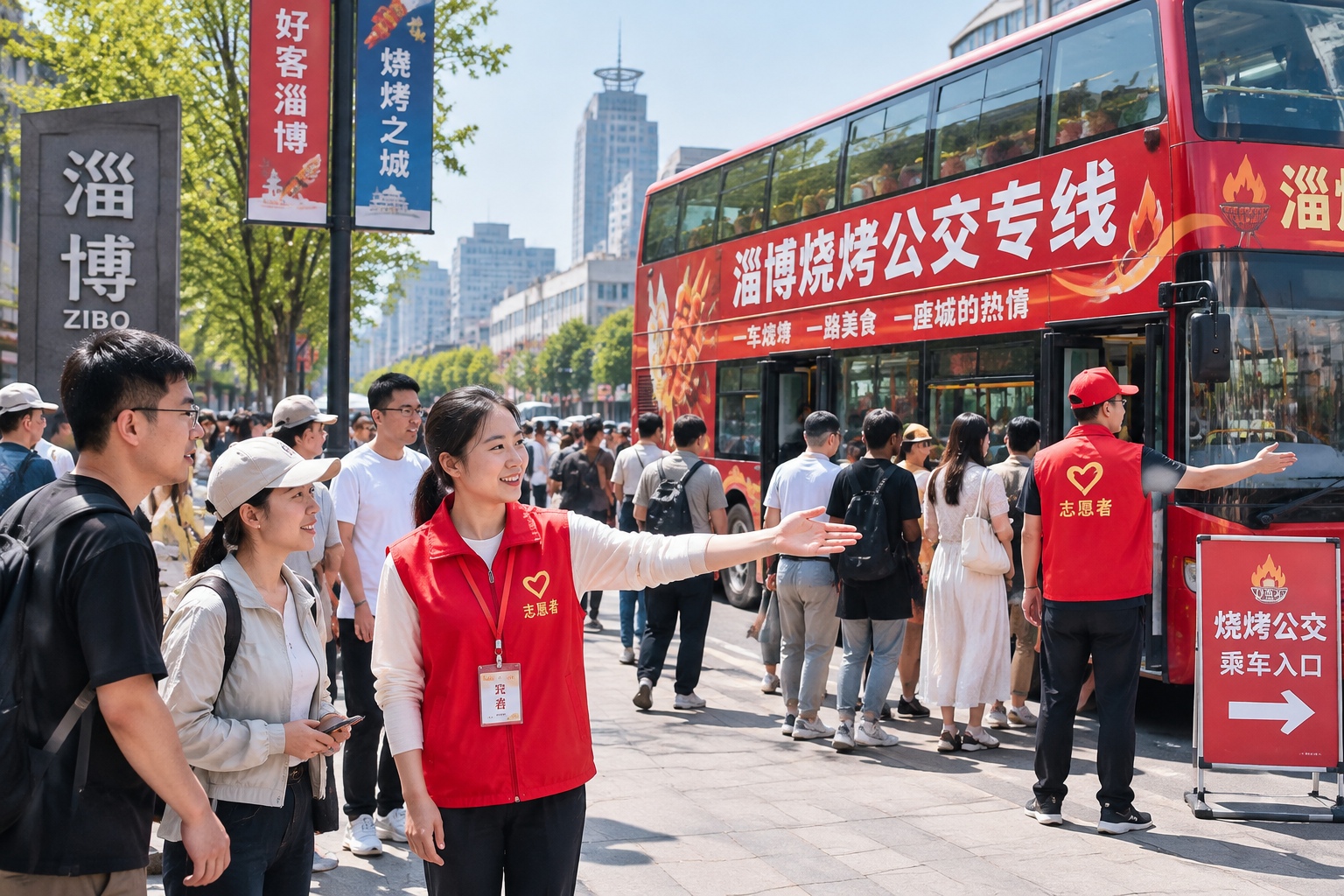 Small Flatbreads and Green Onions: How a Small Town in Zibo Captured Global Attention 24 Volunteers in red vests directing tourists near a barbecue bus in Zibo