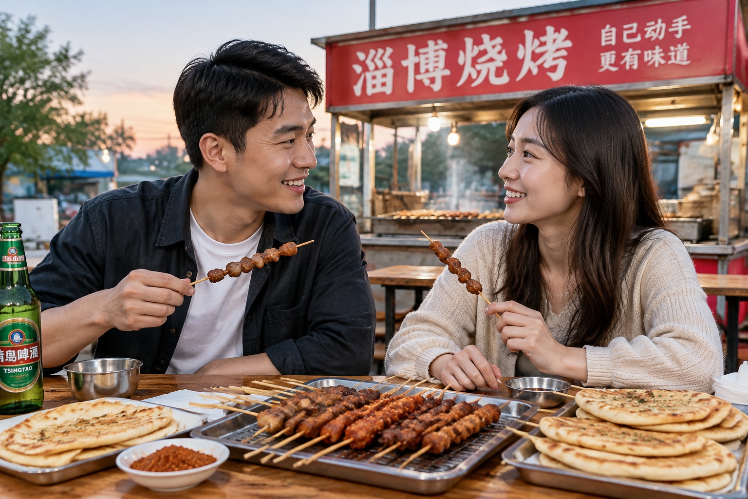 Small Flatbreads and Green Onions: How a Small Town in Zibo Captured Global Attention 25 A couple enjoying a quiet barbecue meal at a Zibo stall, with skewers and flatbreads on the table