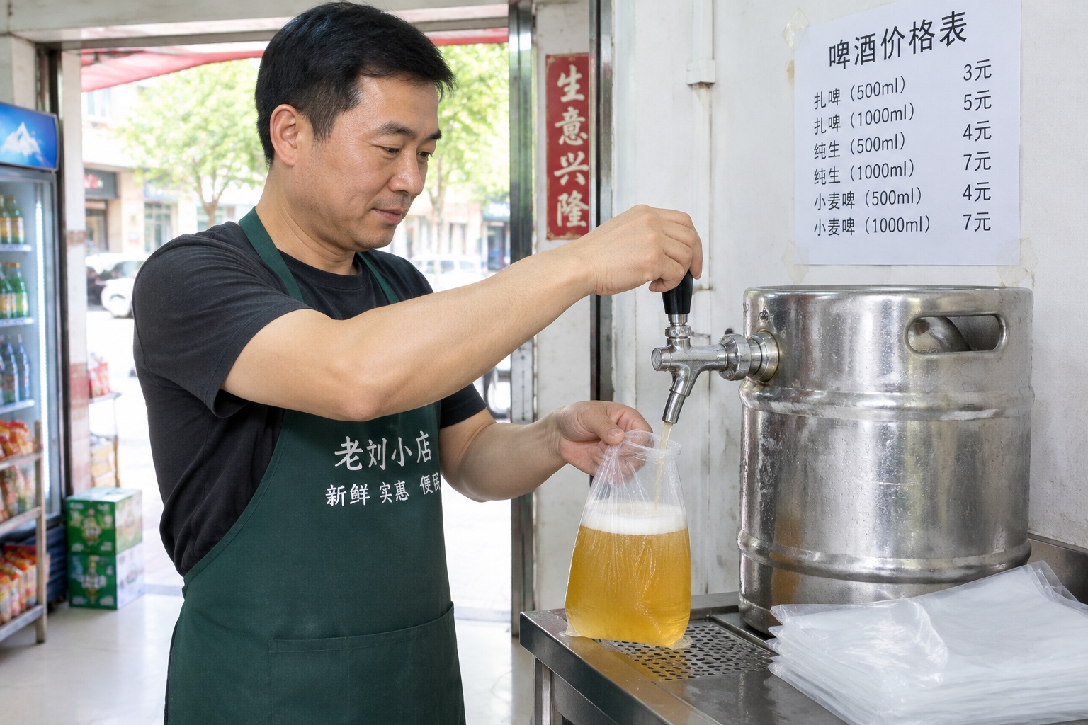 A shopkeeper filling a clear plastic bag with draft beer from a keg tap at a small neighbourhood shop in Qingdao