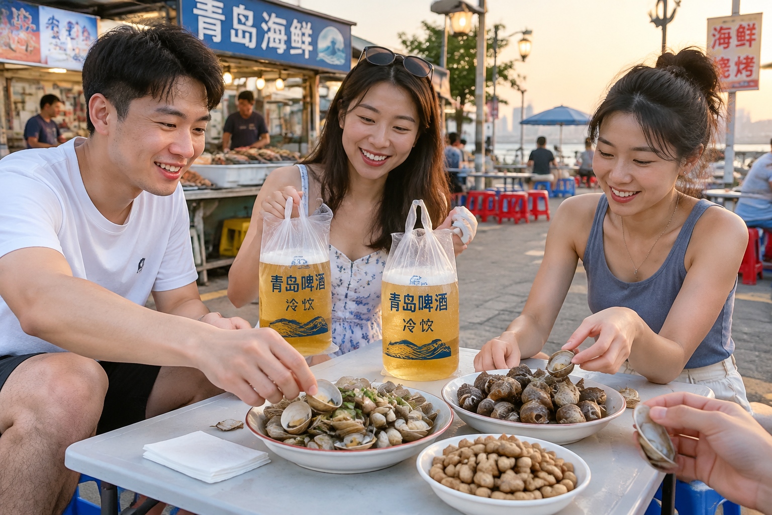 Two plastic bags of draft beer on a folding table beside plates of clams and sea snails at an outdoor seafood stall in Qingdao