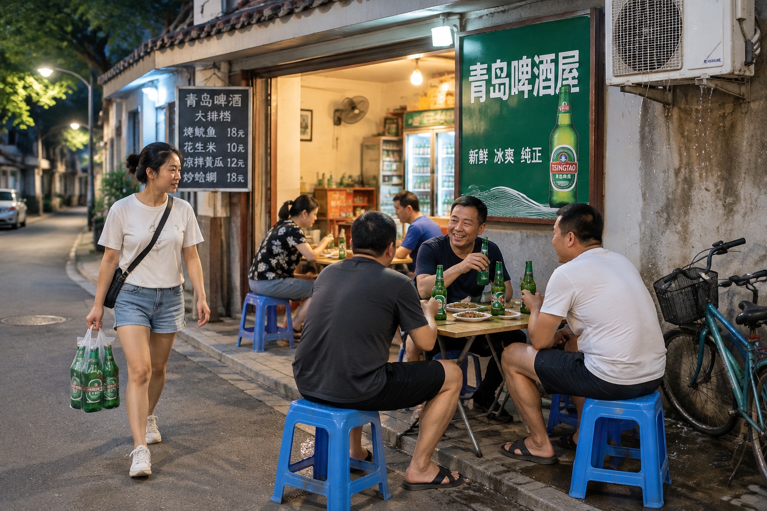 Customers sitting on low plastic stools outside a small beer house on a narrow Qingdao street on a summer night