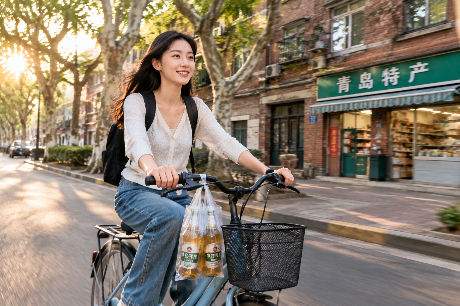 A young woman cycling home at dusk with a plastic bag of draft beer hanging from her bicycle handlebar in Qingdao