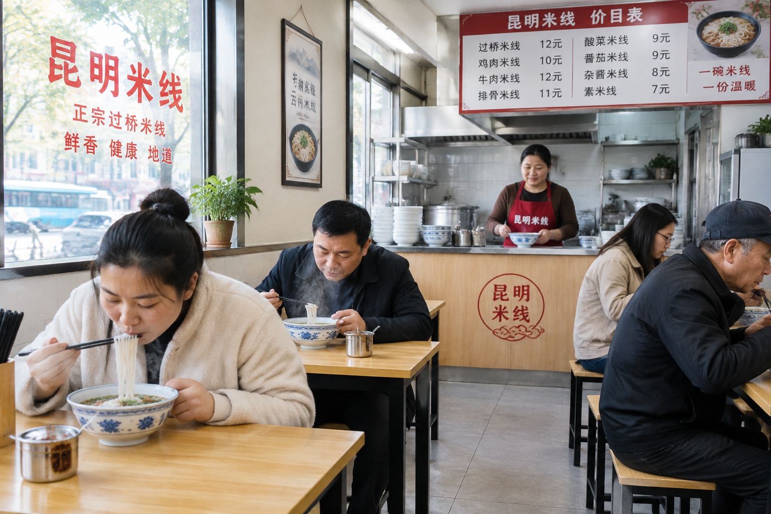 Locals eating steaming bowls of rice noodles at a crowded breakfast shop in Kunming, Yunnan