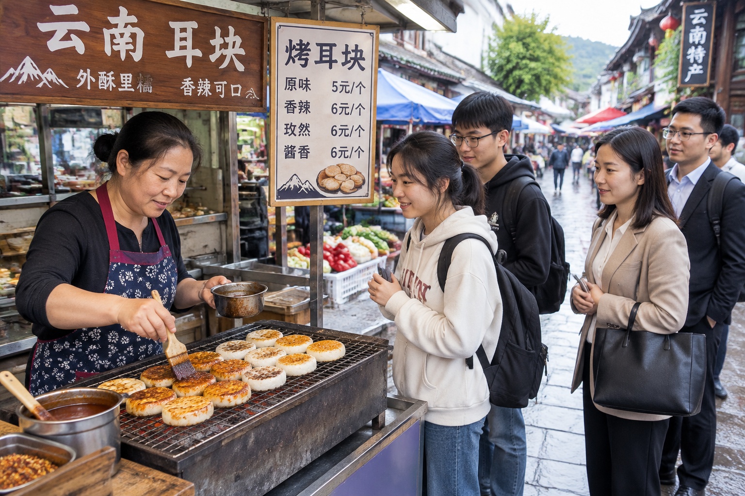 A street vendor grilling erkuai rice cakes over charcoal for morning customers in Yunnan