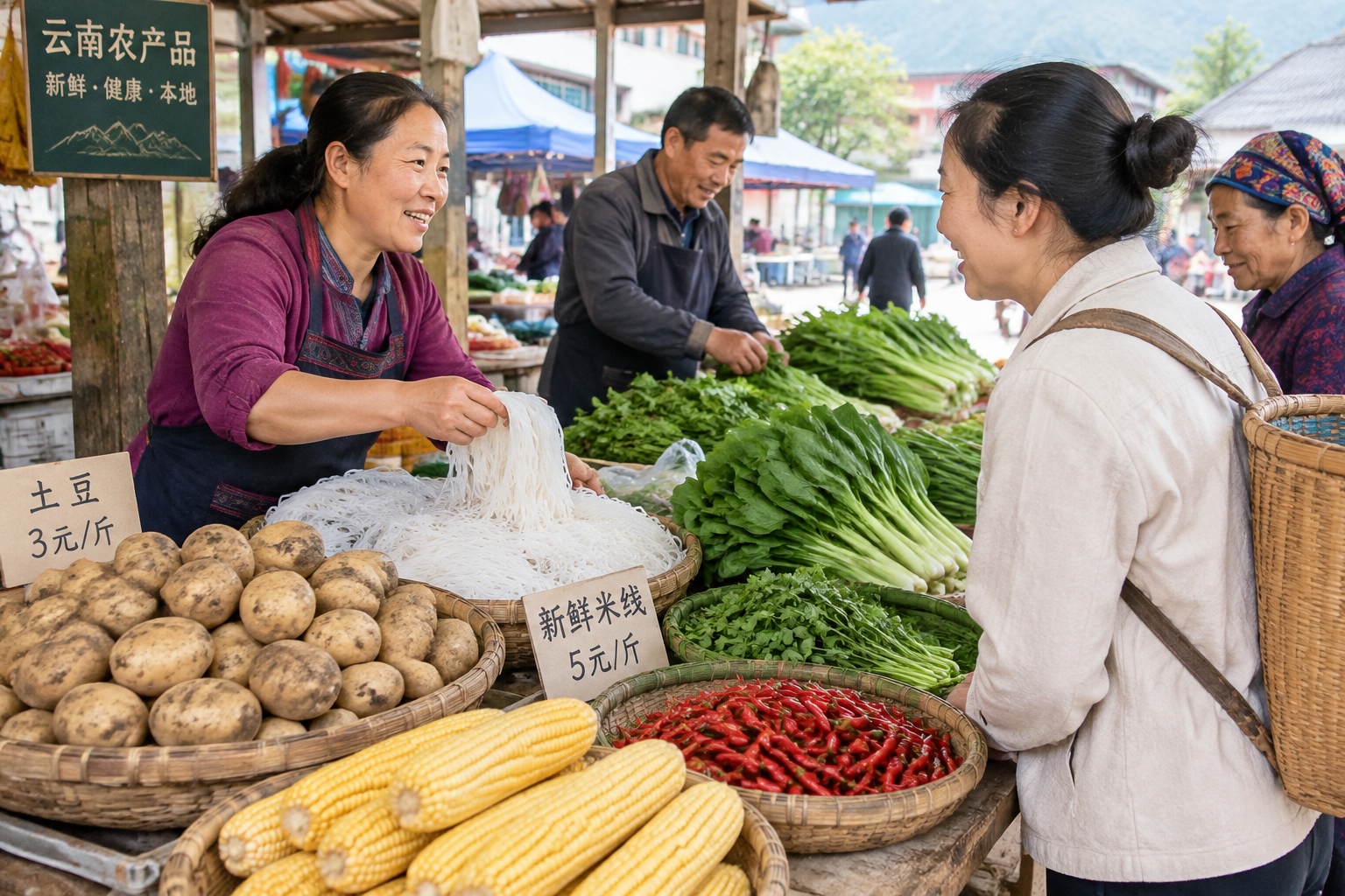 Baskets of potatoes, corn, fresh rice noodles and greens at a wet market in Yunnan