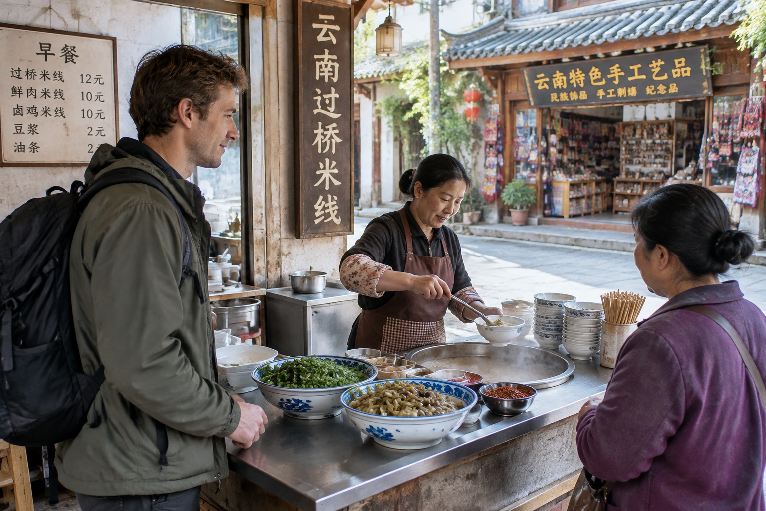A visitor watching locals order breakfast rice noodles near a souvenir shop in Yunnan