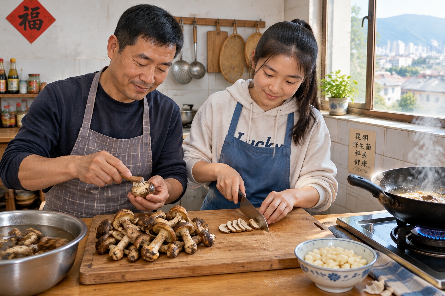 A father and daughter preparing wild mushrooms on a wooden board in a small Kunming home kitchen, with garlic cloves and a wok nearby