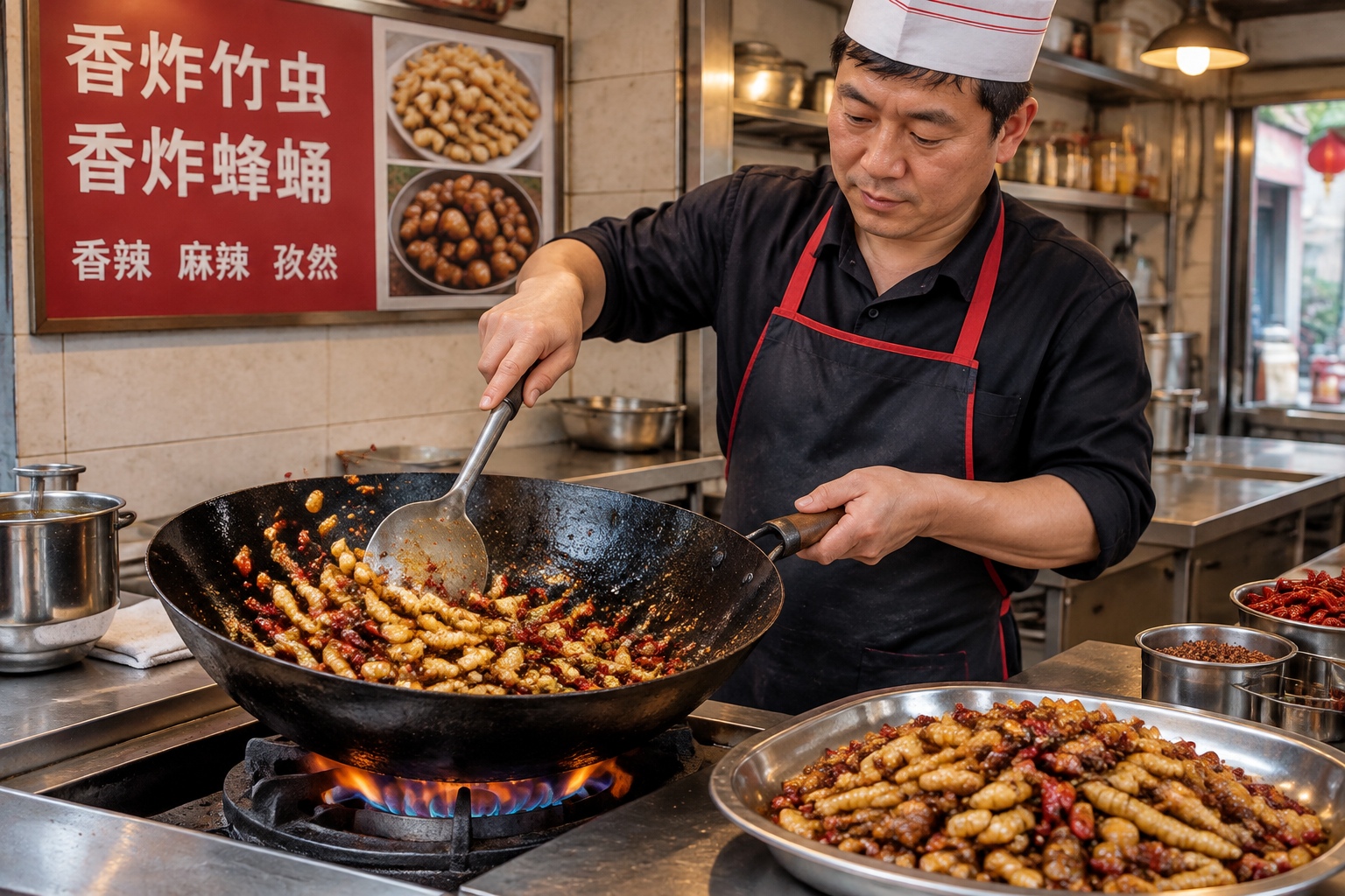 Bamboo worms and bee pupae frying in a wok with dried chillies and Sichuan pepper at a street kitchen in Yunnan