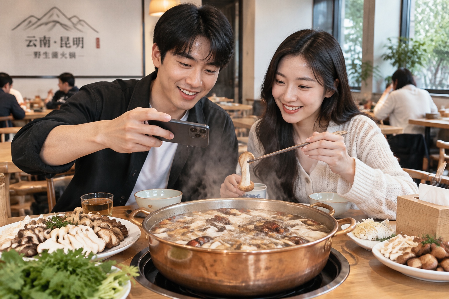 A young couple at a Kunming restaurant filming a bubbling wild mushroom hotpot with a phone while plates of sliced mushrooms sit on the table