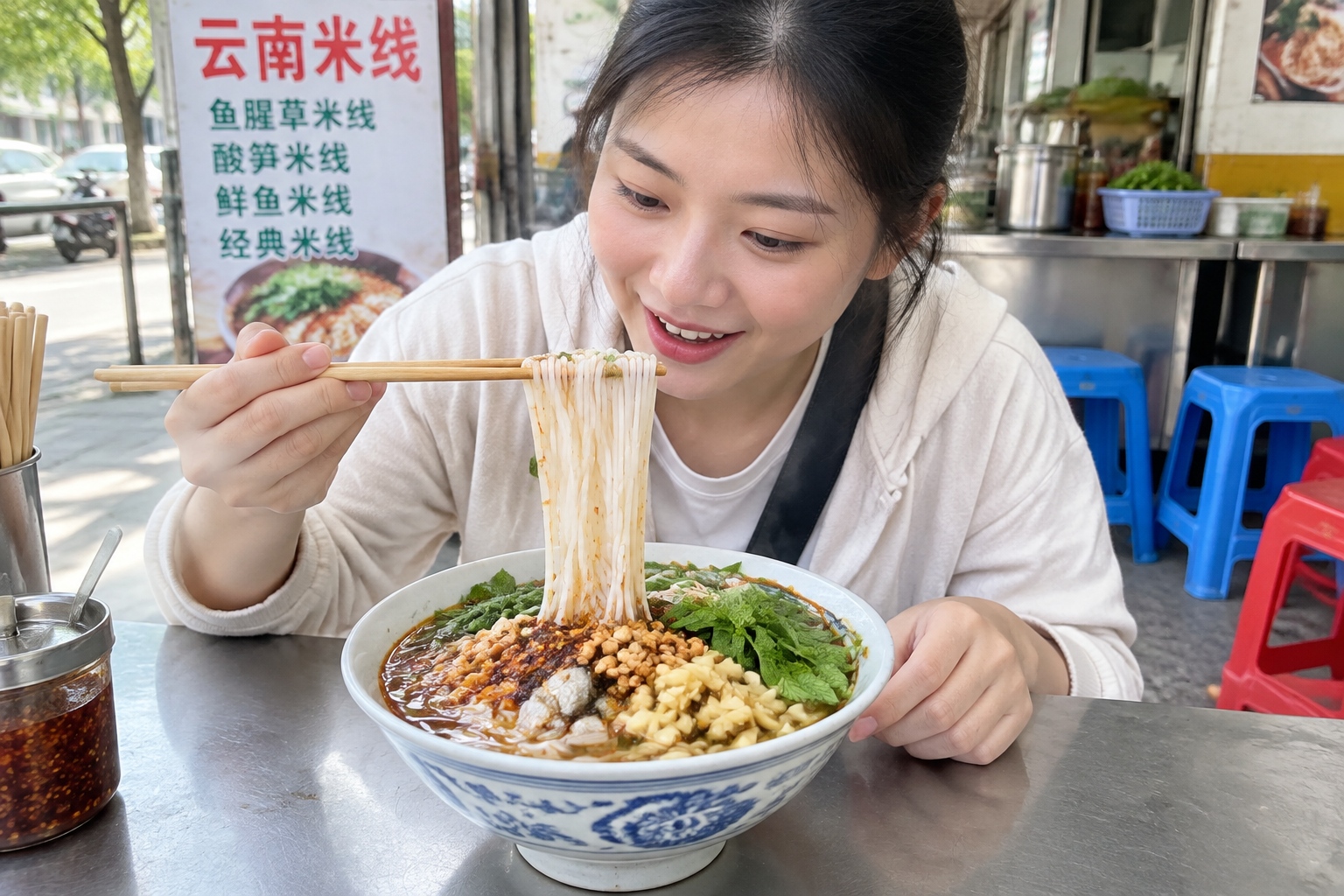 A bowl of Yunnan rice noodles topped with fish mint, sour bamboo shoots and chilli oil at a street stall, chopsticks lifting the noodles