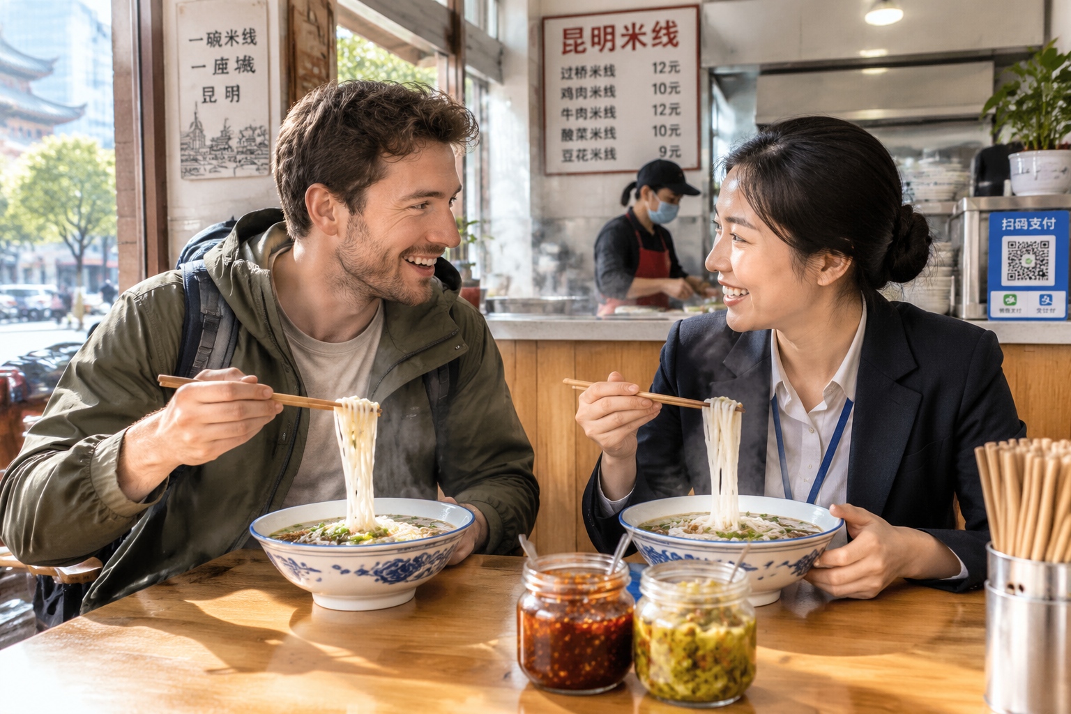 A traveler and a local office worker sharing a small table in a Kunming rice noodle shop at breakfast, with bowls of noodles and condiment jars.