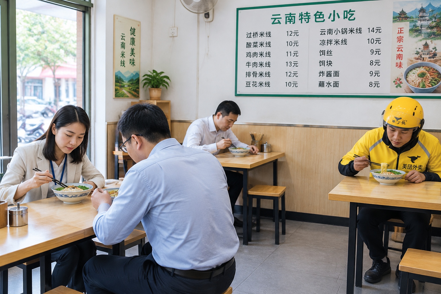 Office workers and a delivery rider sharing tables in a compact Yunnan lunch restaurant, each with their own bowl and chopsticks.