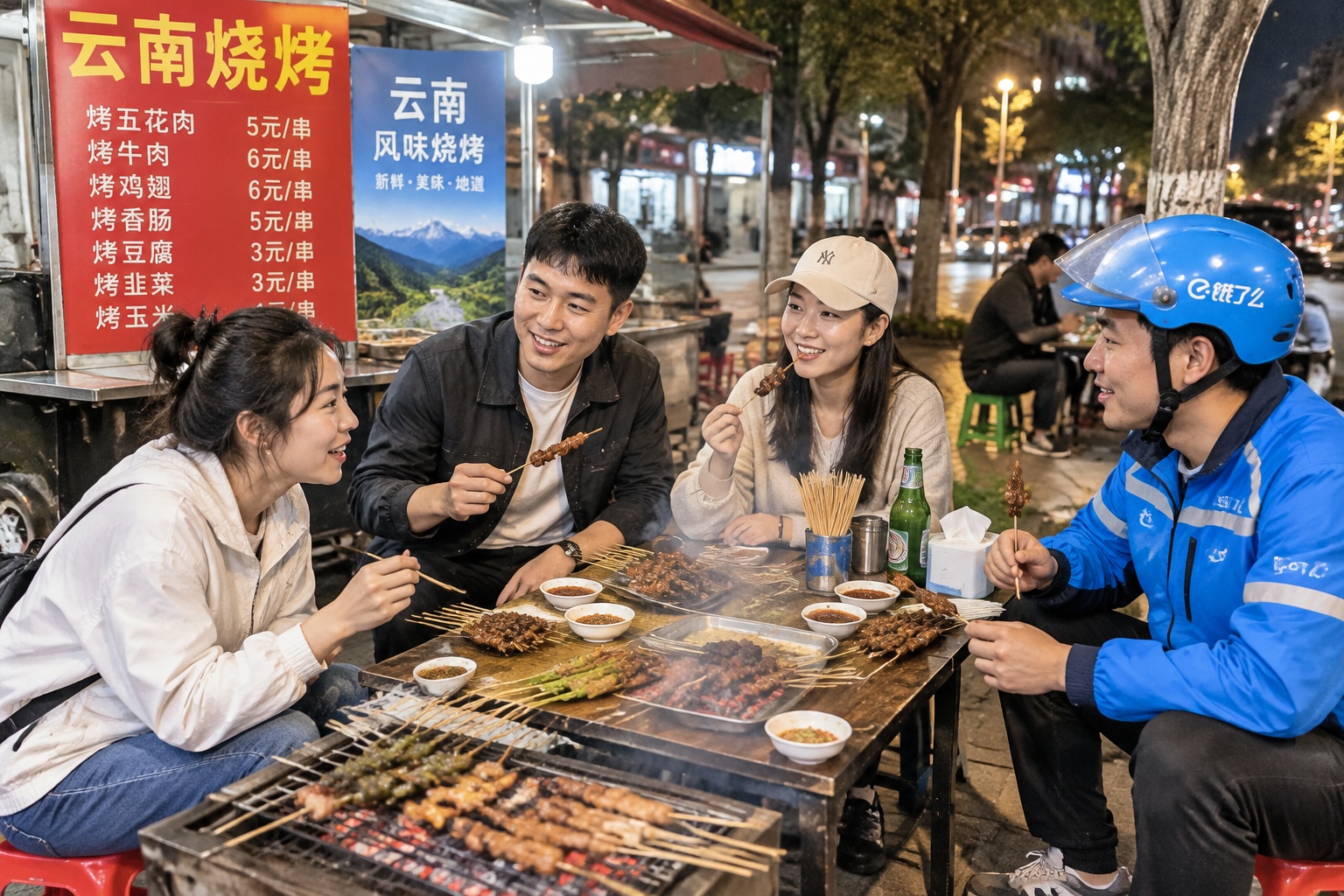 Locals and tourists sitting on low stools around a Yunnan barbecue table at night, skewers and dipping sauces, smoke rising from the grill.
