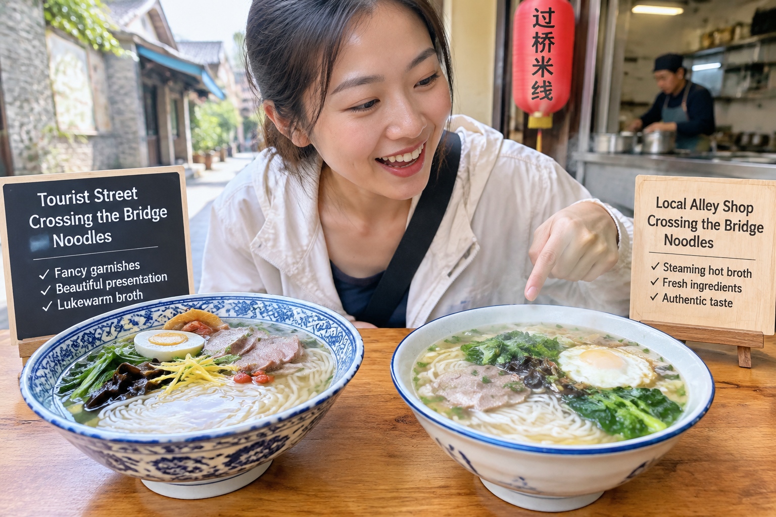 Comparison of tourist-trap Crossing the Bridge Noodles vs authentic local version in Kunming, with a Yunnan local pointing at the real dish.