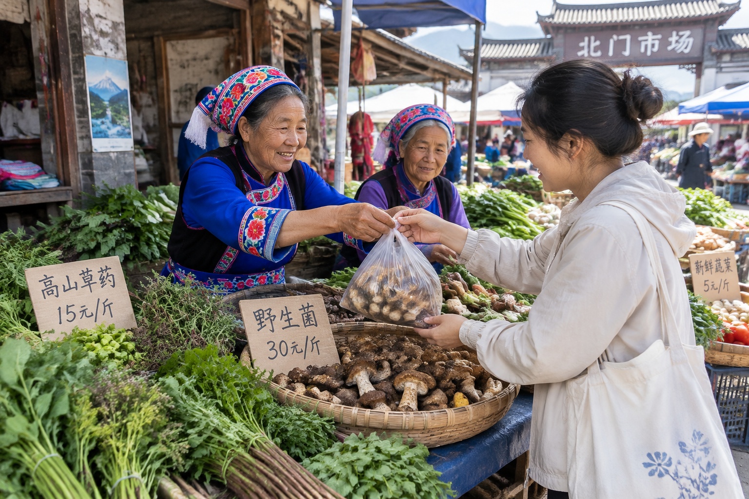 Dali morning wet market with elderly Bai women selling fresh local produce and herbs, a local shopper selecting wild mushrooms.