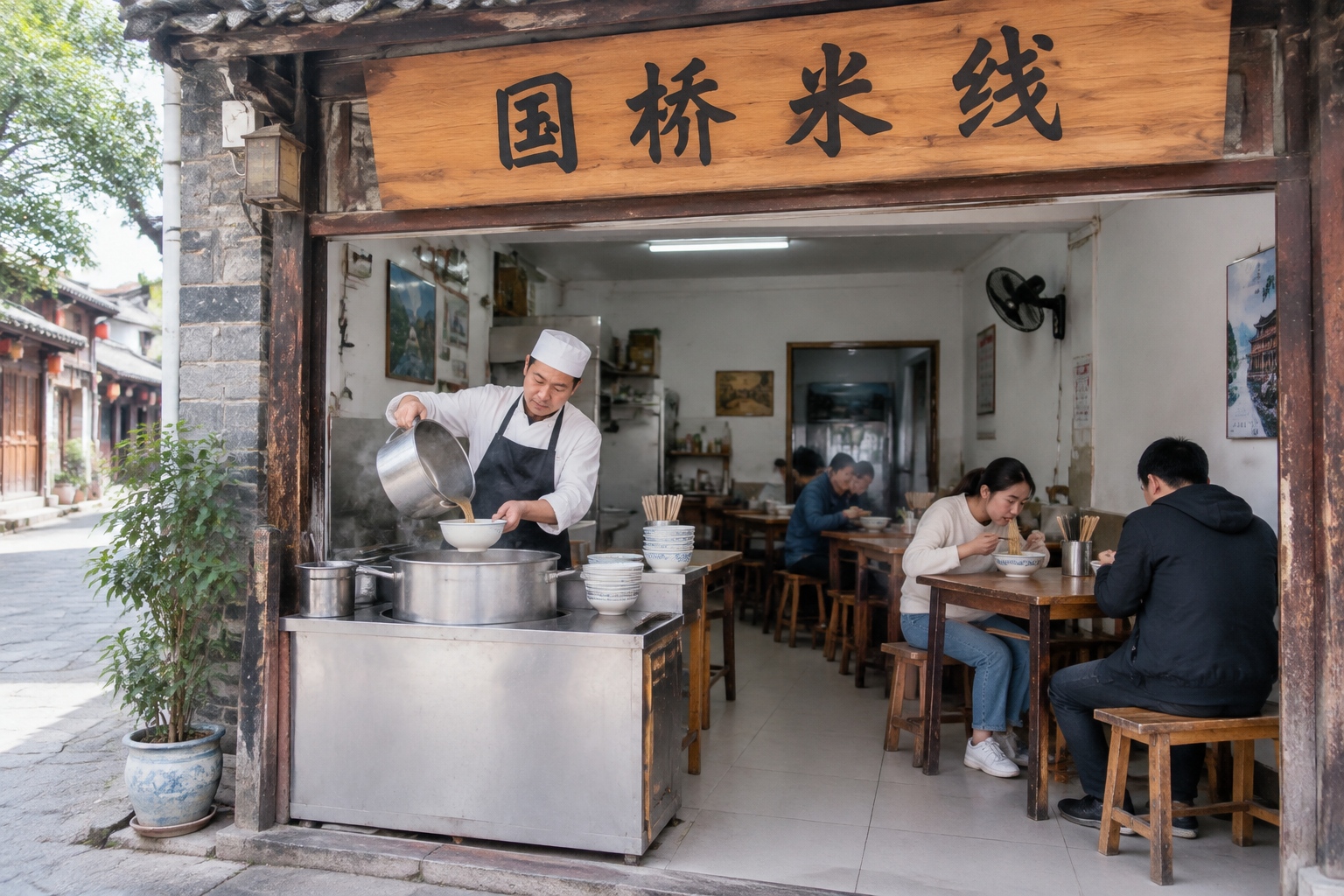 Small specialty noodle shop in Kunming alley, cook pouring hot broth, local customers dining.