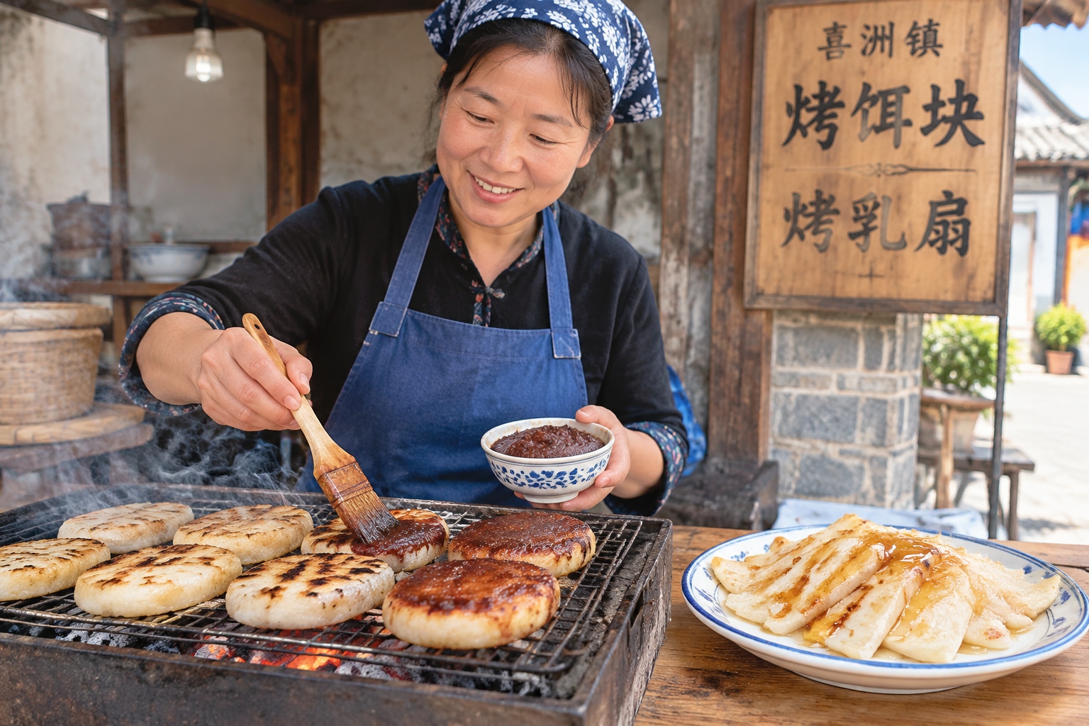 Grilled Yunnan Erkuai rice cakes and Rushan milk fan served at a street stall in Xizhou Town, local snack.