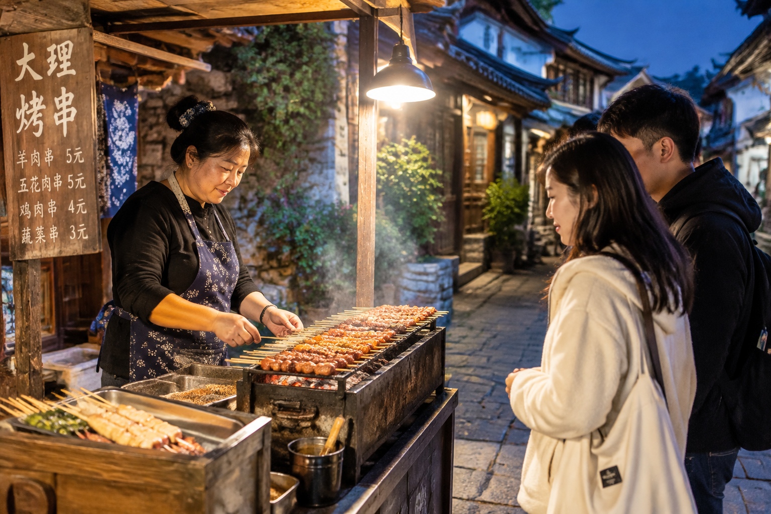 Nighttime street food stall in Dali old town alley, local woman grilling meat skewers on charcoal, a few local customers waiting.