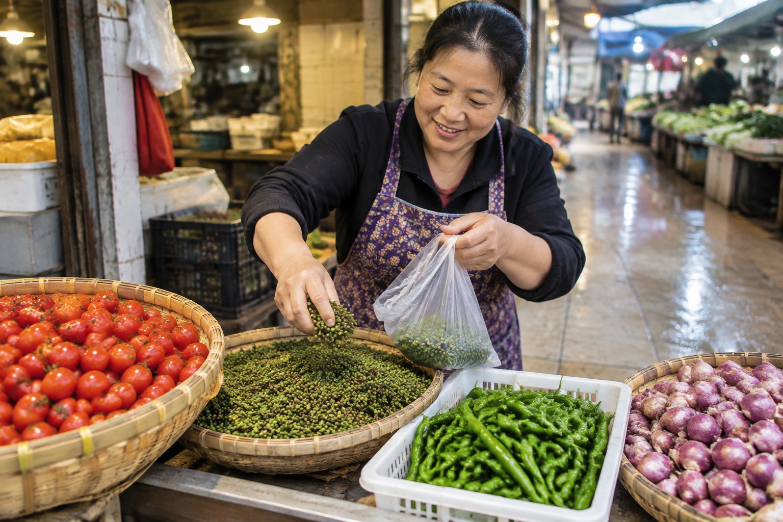 Baskets of small sour tomatoes, green litsea buds and fresh chili at an early morning wet market stall in Guiyang, Guizhou province