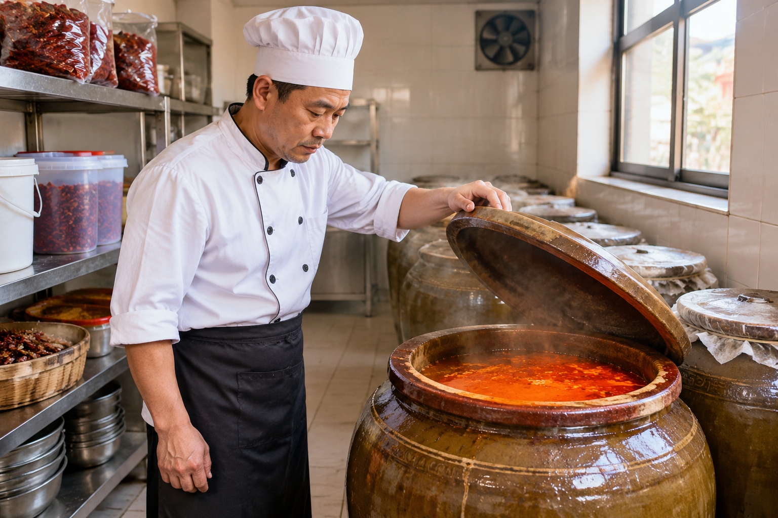 A chef in a Guiyang restaurant back kitchen opens a ceramic jar of red sour soup base that has been fermenting for weeks