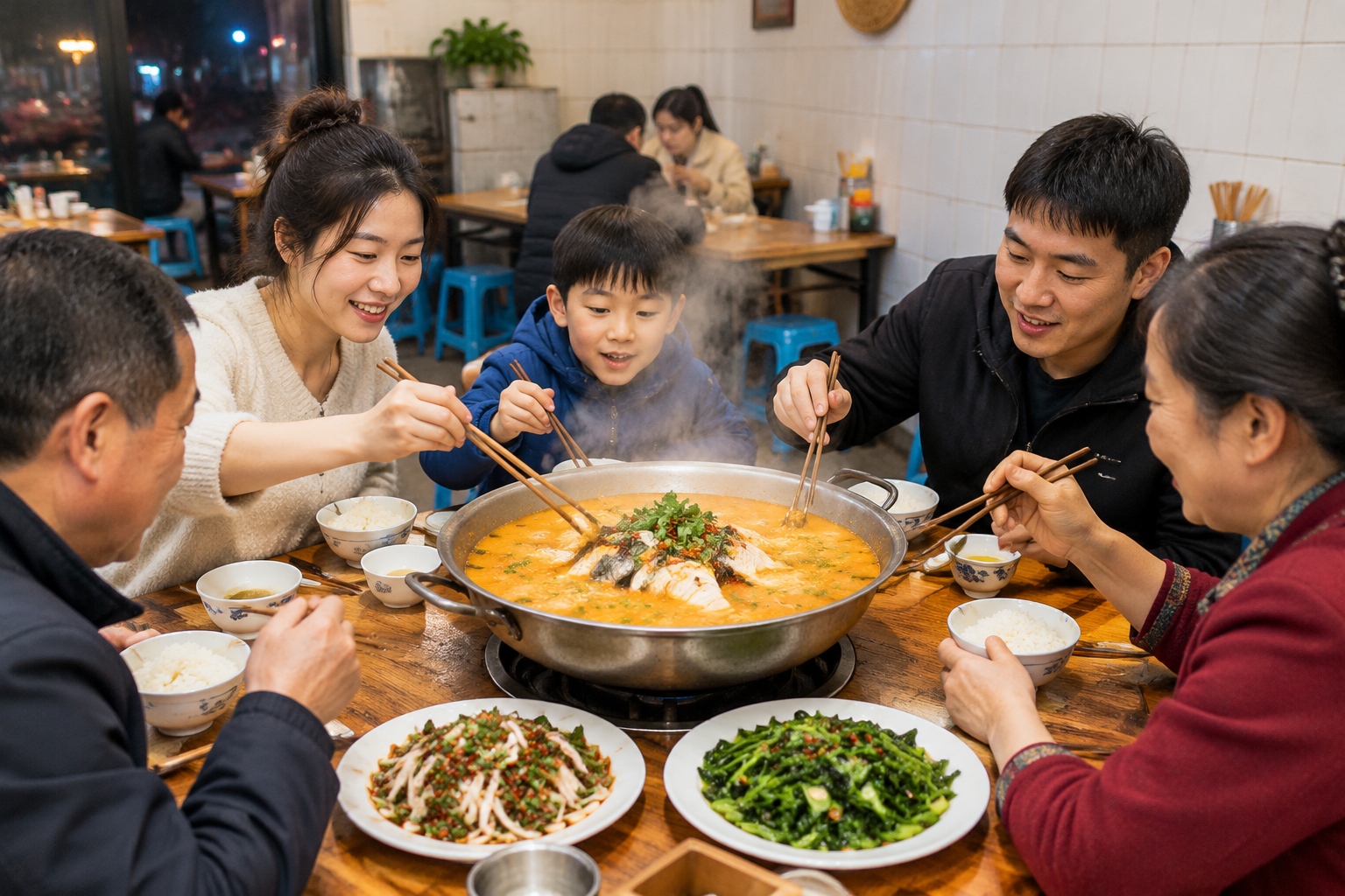 A family and friends share a bubbling pot of Guizhou sour soup fish at a small neighborhood restaurant in Guiyang at night