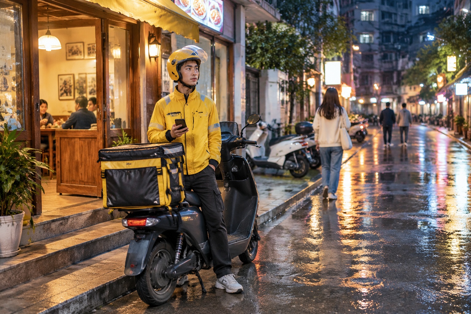 A food delivery rider waits outside a small restaurant on a Guiyang side street at night with a thermal delivery bag on the scooter