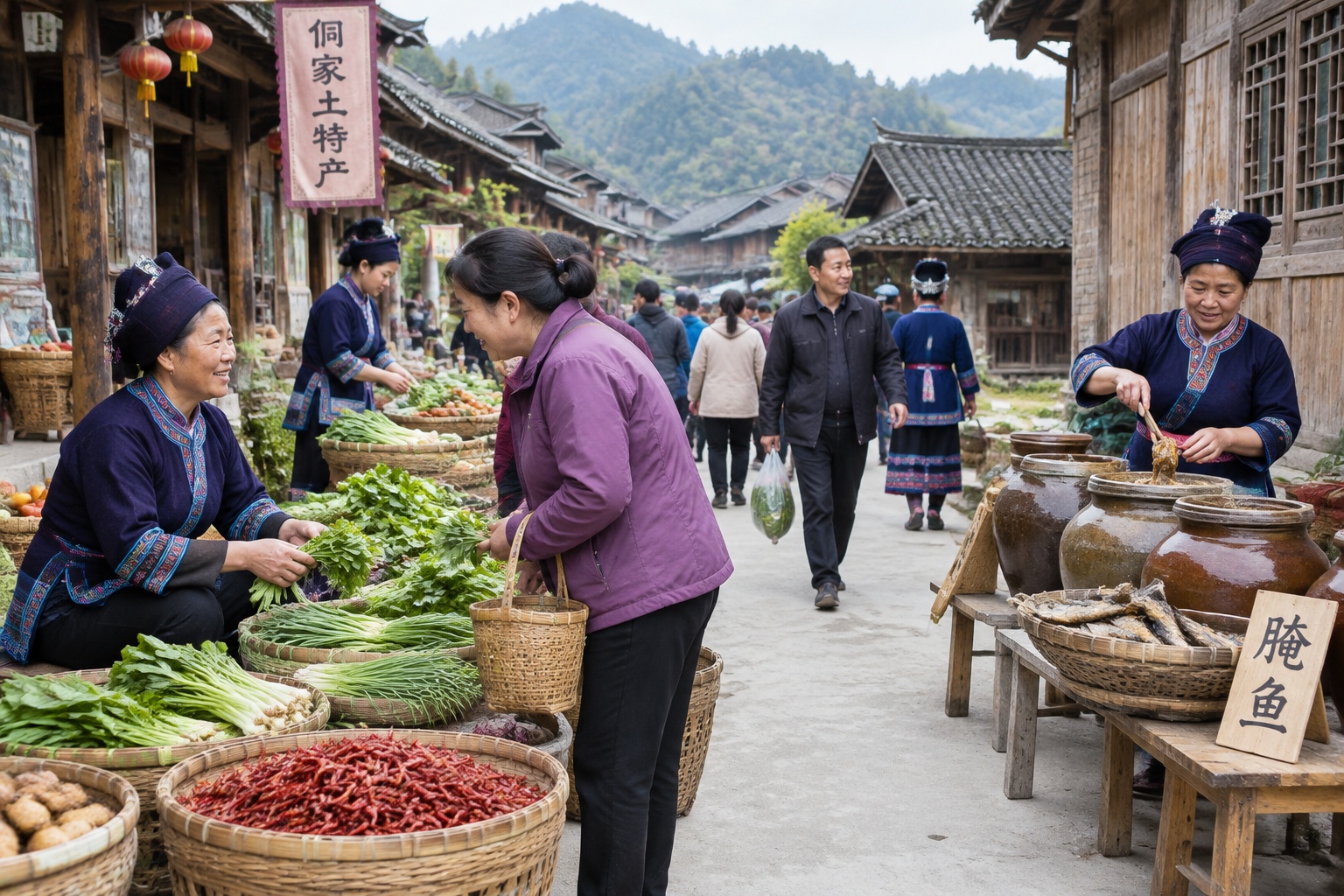Morning market in a Dong village in Guizhou, with bamboo baskets, ceramic jars of fermented fish, and villagers in indigo clothing