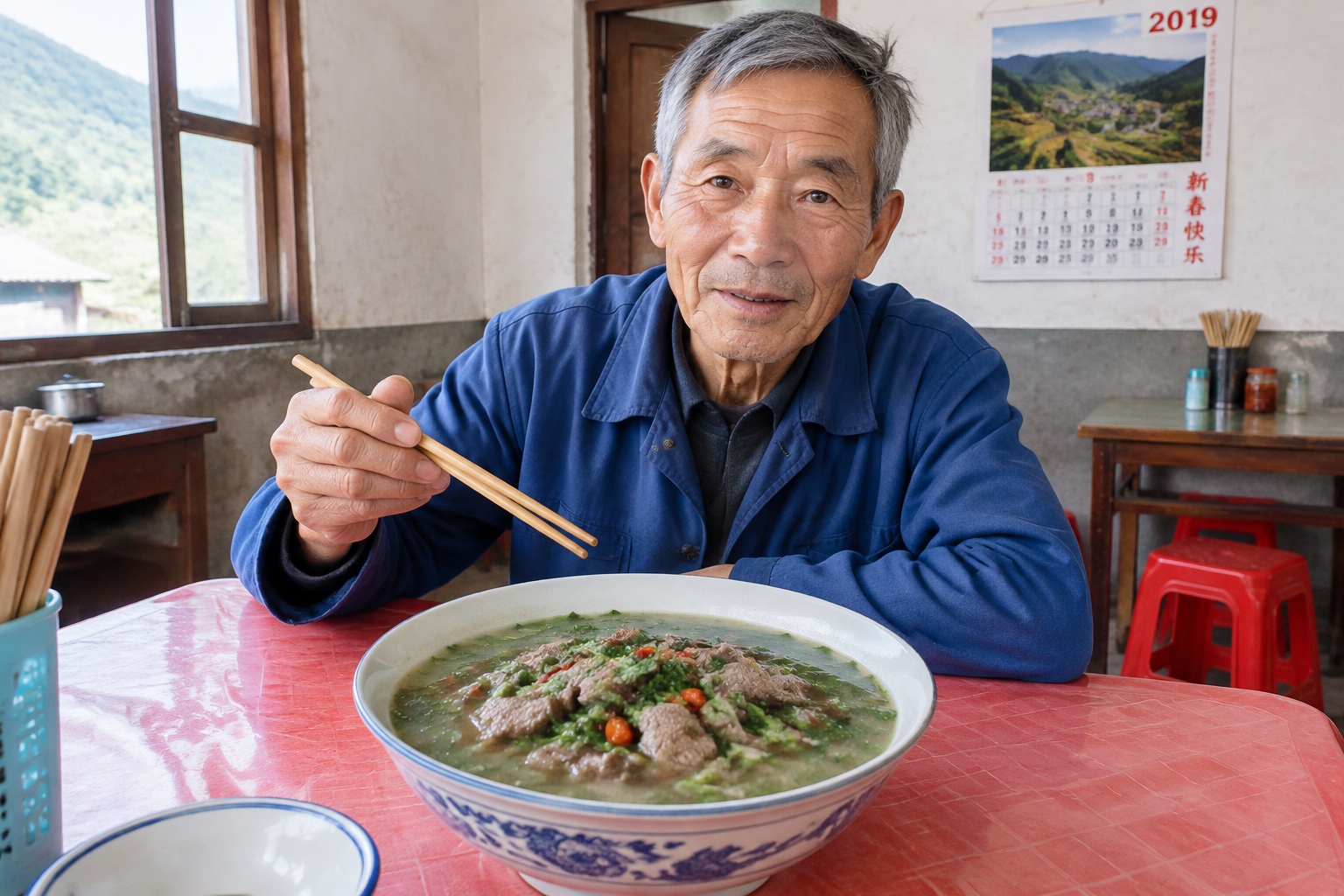 A bowl of niubie soup, a traditional Guizhou dish made from fermented cow stomach liquid, served in a small village restaurant