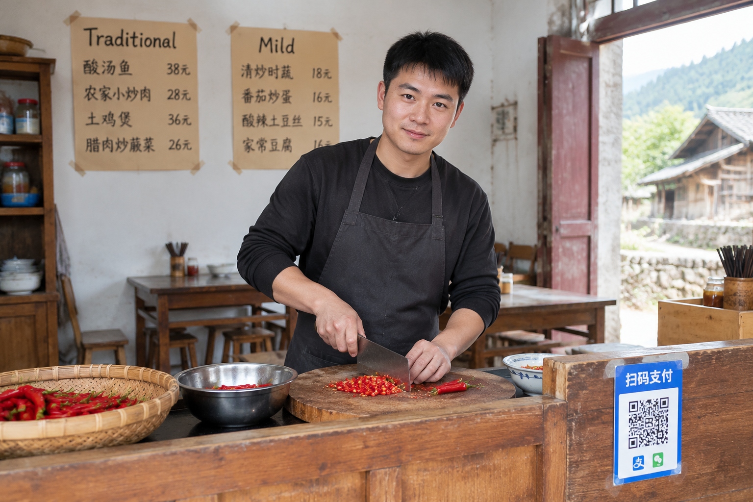 A young restaurant owner in a Guizhou village chopping chili peppers, with a QR code payment sign on the counter