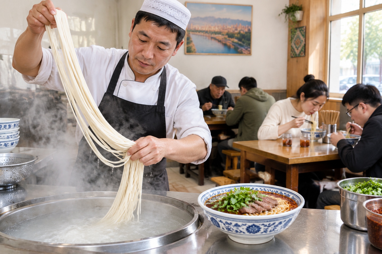 A cook pulls fresh noodles by hand in a busy Lanzhou beef noodle shop while customers eat breakfast at shared tables.