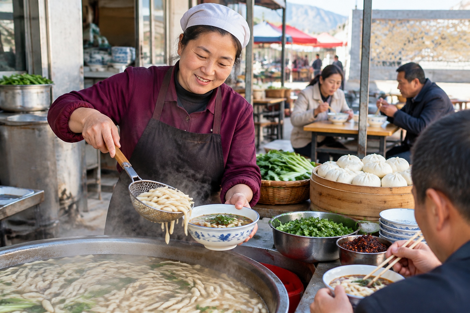 A vendor serves short hand-rolled Zhangye noodles at a morning market stall in Gansu, with local customers eating at small tables.