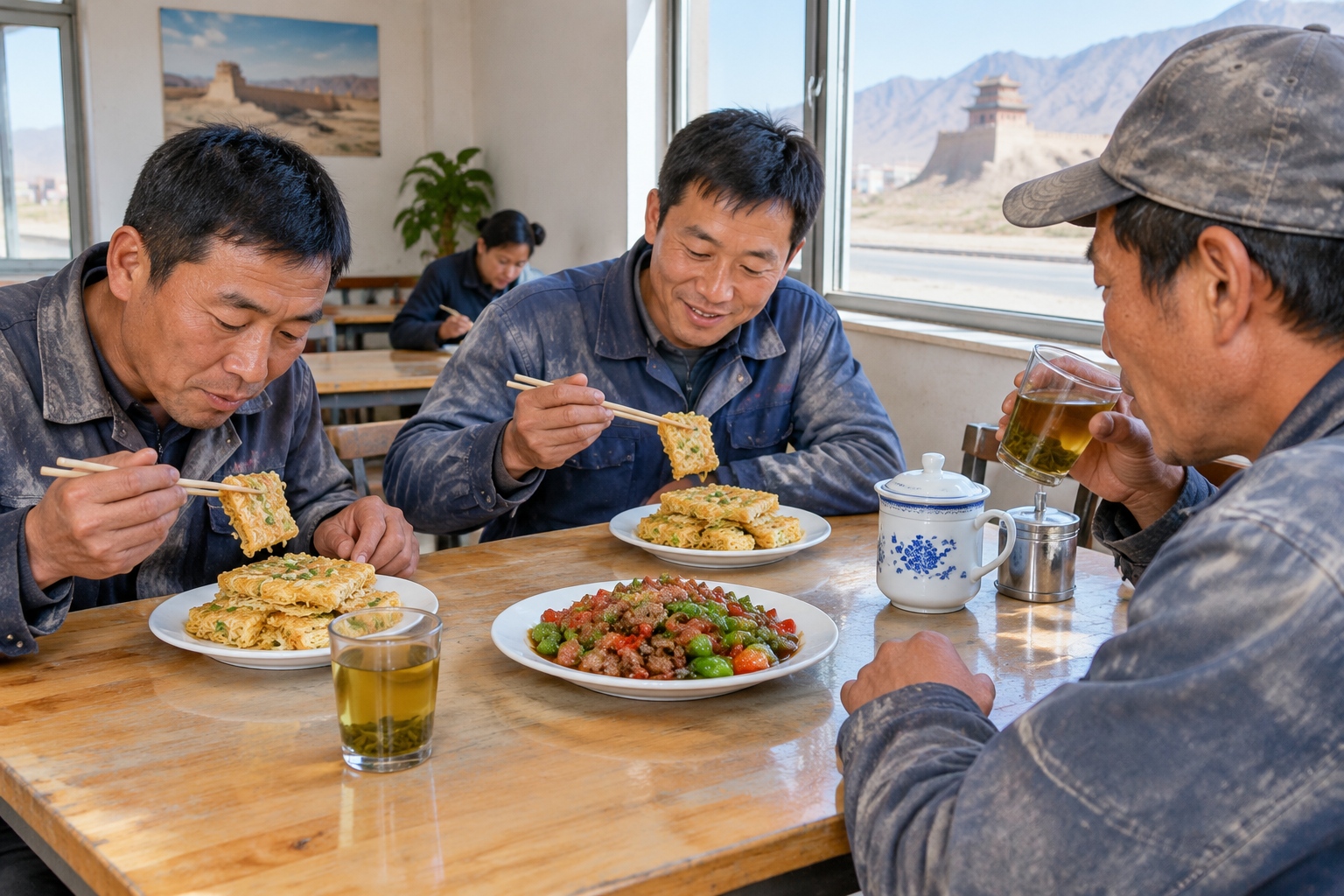Workers in dusty jackets eat fried noodle squares and drink tea at a small lunch shop near Jiayuguan, Gansu.
