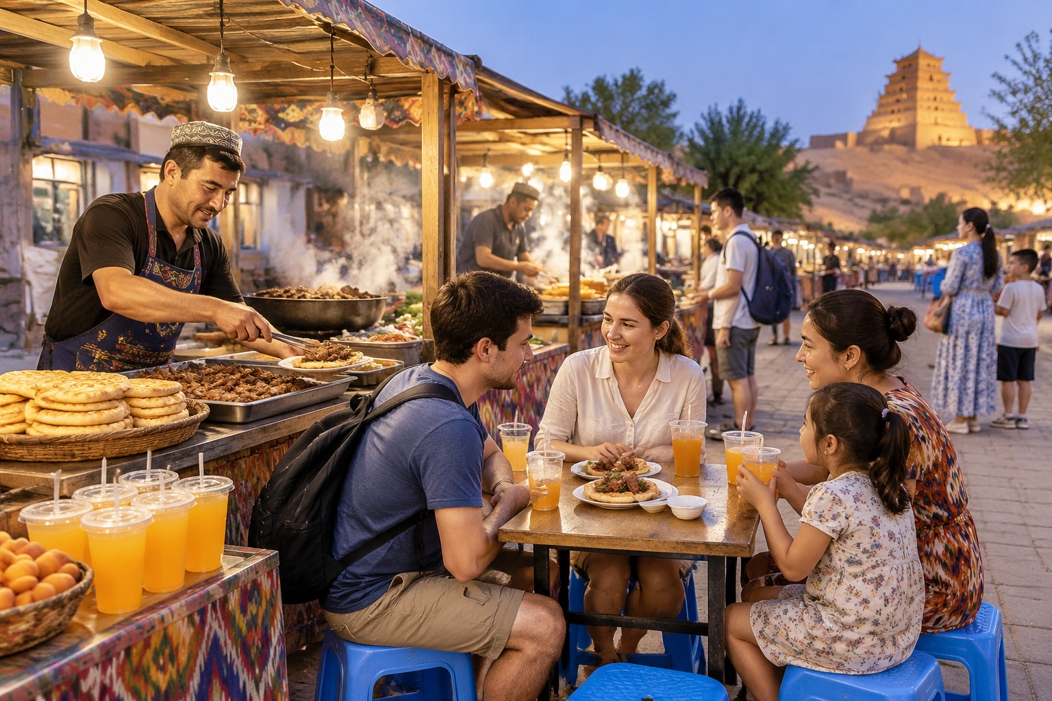 Tourists and local families order lamb with flatbread and apricot drinks at Dunhuang's Shazhou Night Market in the evening.