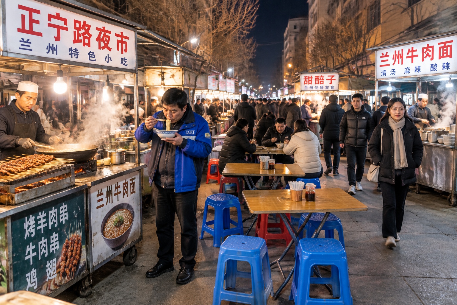 Gansu Night Markets: How Late-Night Stalls Connect Strangers 22 Crowded Zhengning Road night market in Lanzhou after midnight, with food stalls, steam, plastic stools and people eating in the street