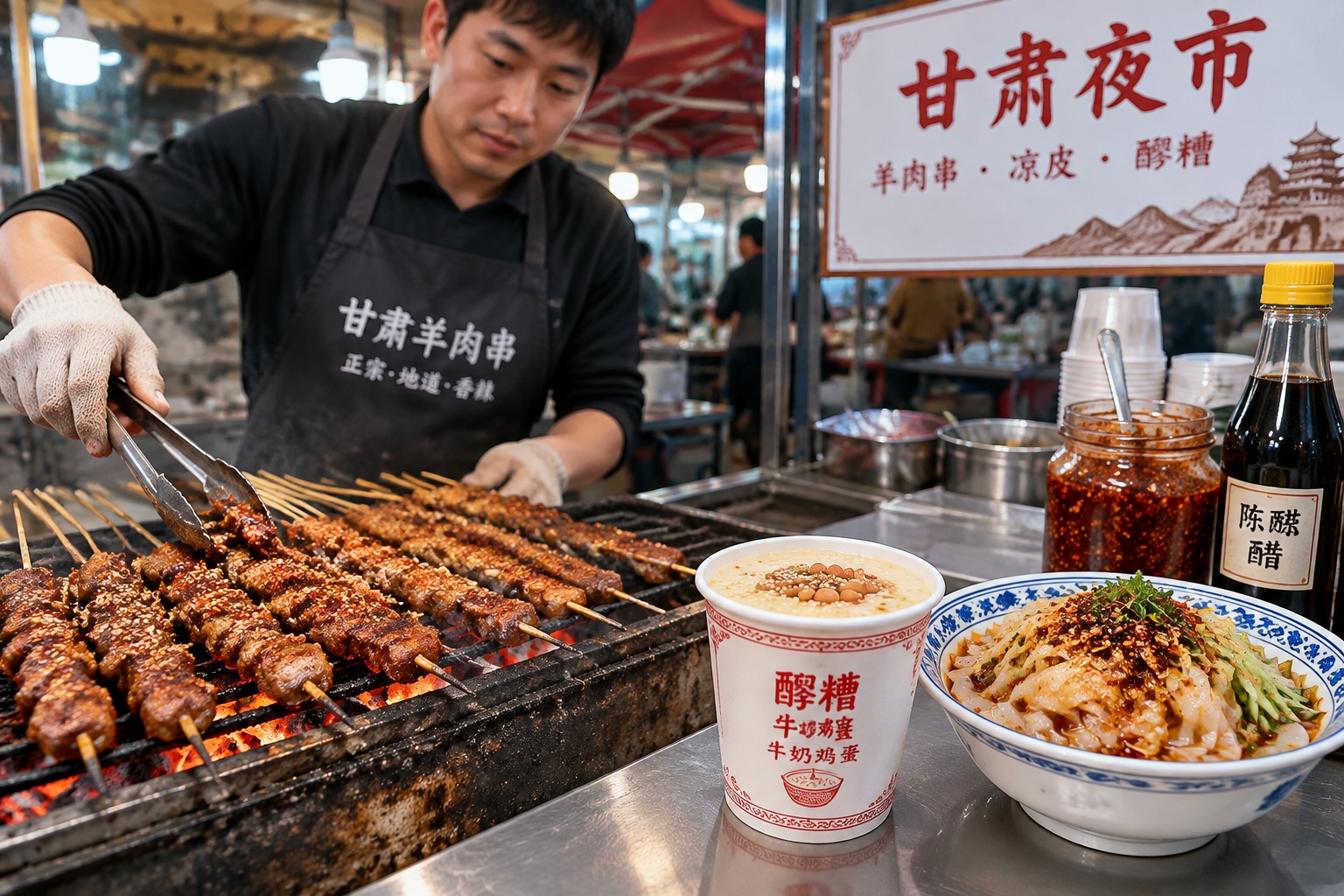Gansu Night Markets: How Late-Night Stalls Connect Strangers 23 Lamb skewers grilling over charcoal beside a cup of Lanzhou milk and egg fermented rice wine at a night market stall